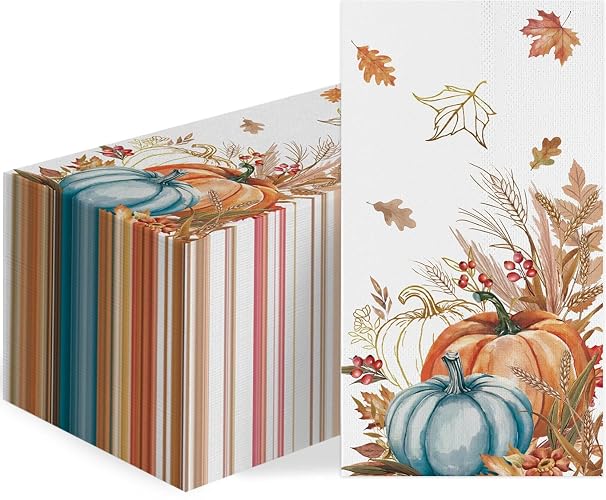 100 Pcs Fall Paper Napkins, Boho Pumpkins Disposable Napkins, Thanksgiving Guest Towels or Harvest Party, Dinner, Bathroom Decor Vintage Design