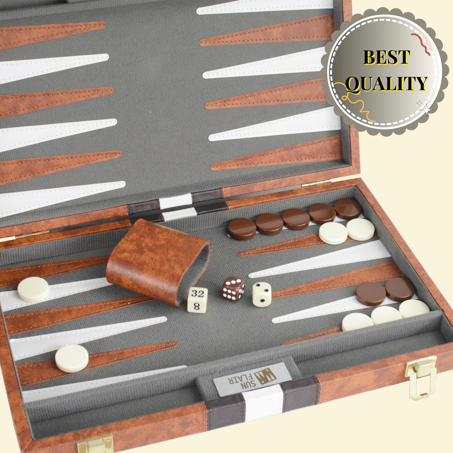 Sun Flair Backgammon Set - 11 Inch Backgammon Sets for Adults, Folding Classic Board Game with Premium Leather Case, Best Strategy and Tip Guide Enclosed (Brown, Small)