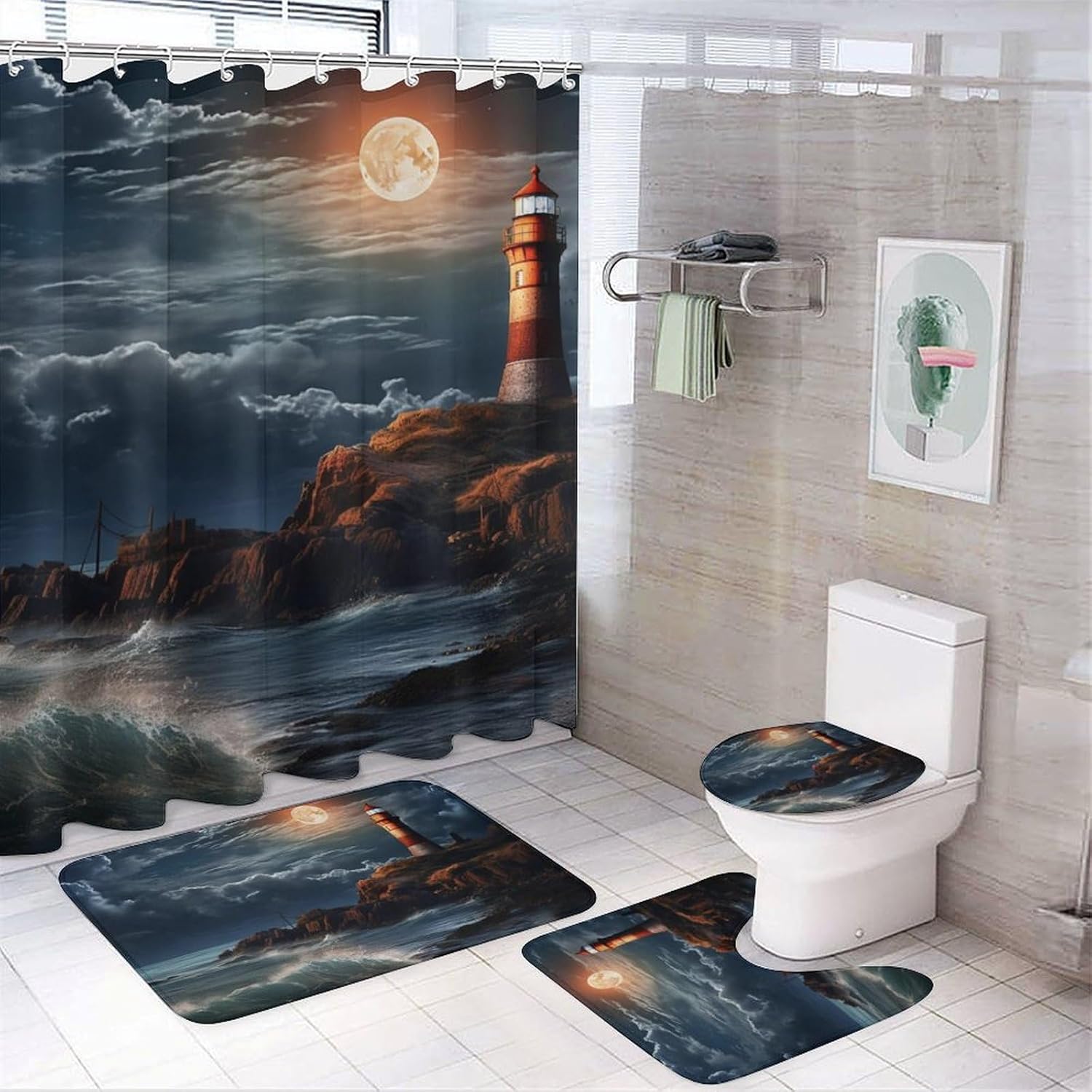4-Piece Lighthouse Shower Curtain Set with Bathtub Mat & Toilet Mat, Nautical Theme Shower Curtain, Toilet Cover & 12 Hooks, Coastal Ocean Waves Bathroom Decor