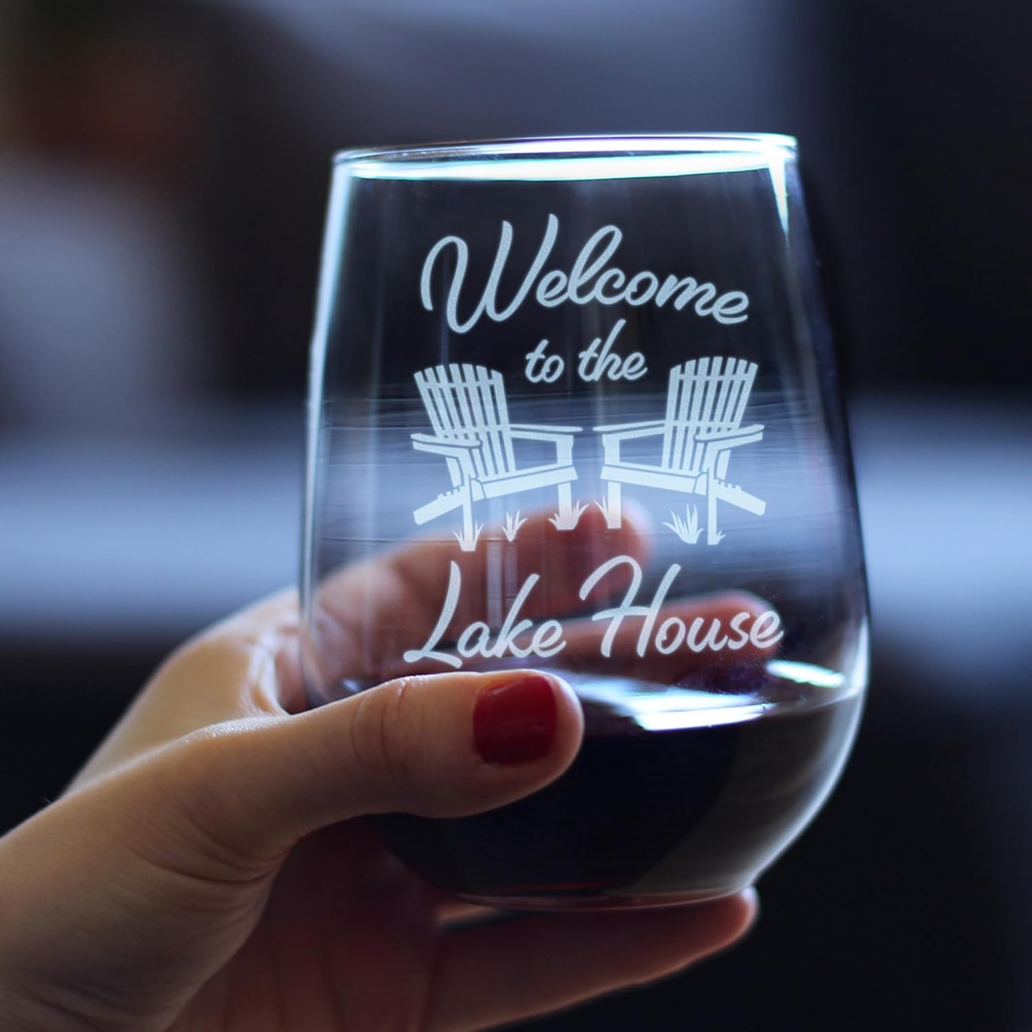 Bevvee Welcome To The Lake House - Stemless Wine Glass - Lake Home Rustic Cabin Decor - Set of 2 - Large 17 Ounce Glasses