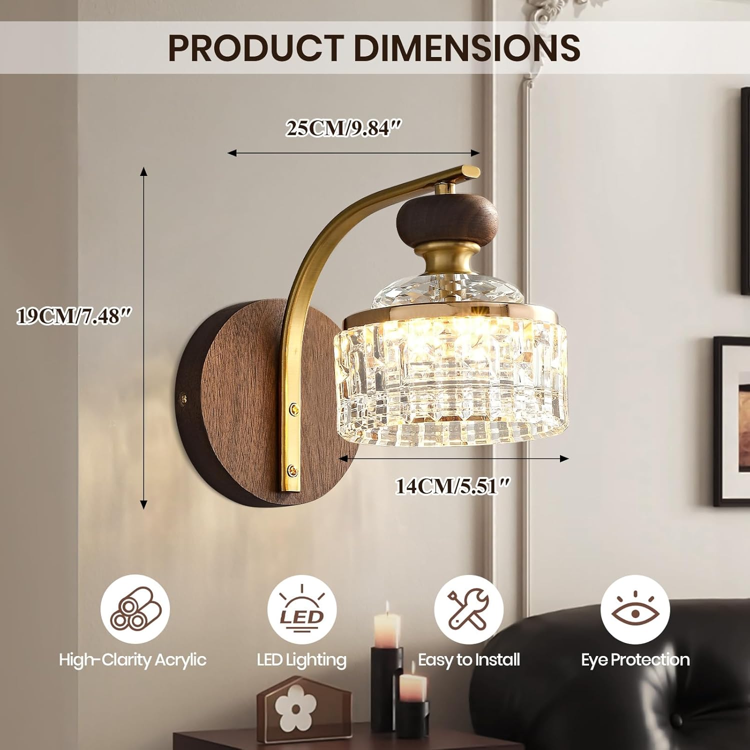 Vintage Wood Wall Sconce,Modern LED Wall Sconces,Gold Vanity Wall Light fixtures with Acrylic Shade for Bedroom Living Room, Dinging Room,Barthroom, Walnut Wood Lamp