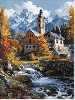 Small Town Paint by Numbers Kit for Adults Landscape Acrylic Paint by Numbers 16 x 12 In, Canvas Painting Craft Kits for Home Decor, Painting Supplies for Wall Decor, Wall Art for Fall Decor JLYH-1117