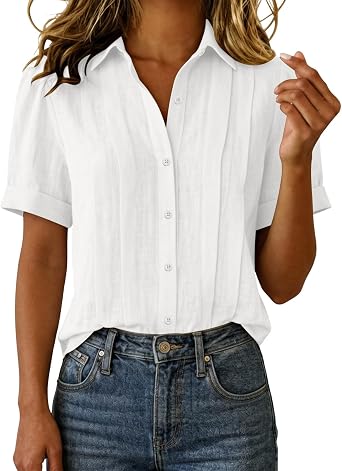 Linen Button Down Shirts for Women Summer Short Sleeve Pleated Tops Loose Fit V Neck Collar Cotton Gauze Blouses