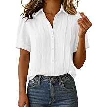 Linen Button Down Shirts for Women Summer Short Sleeve Pleated Tops Loose Fit V Neck Collar Cotton Gauze Blouses
