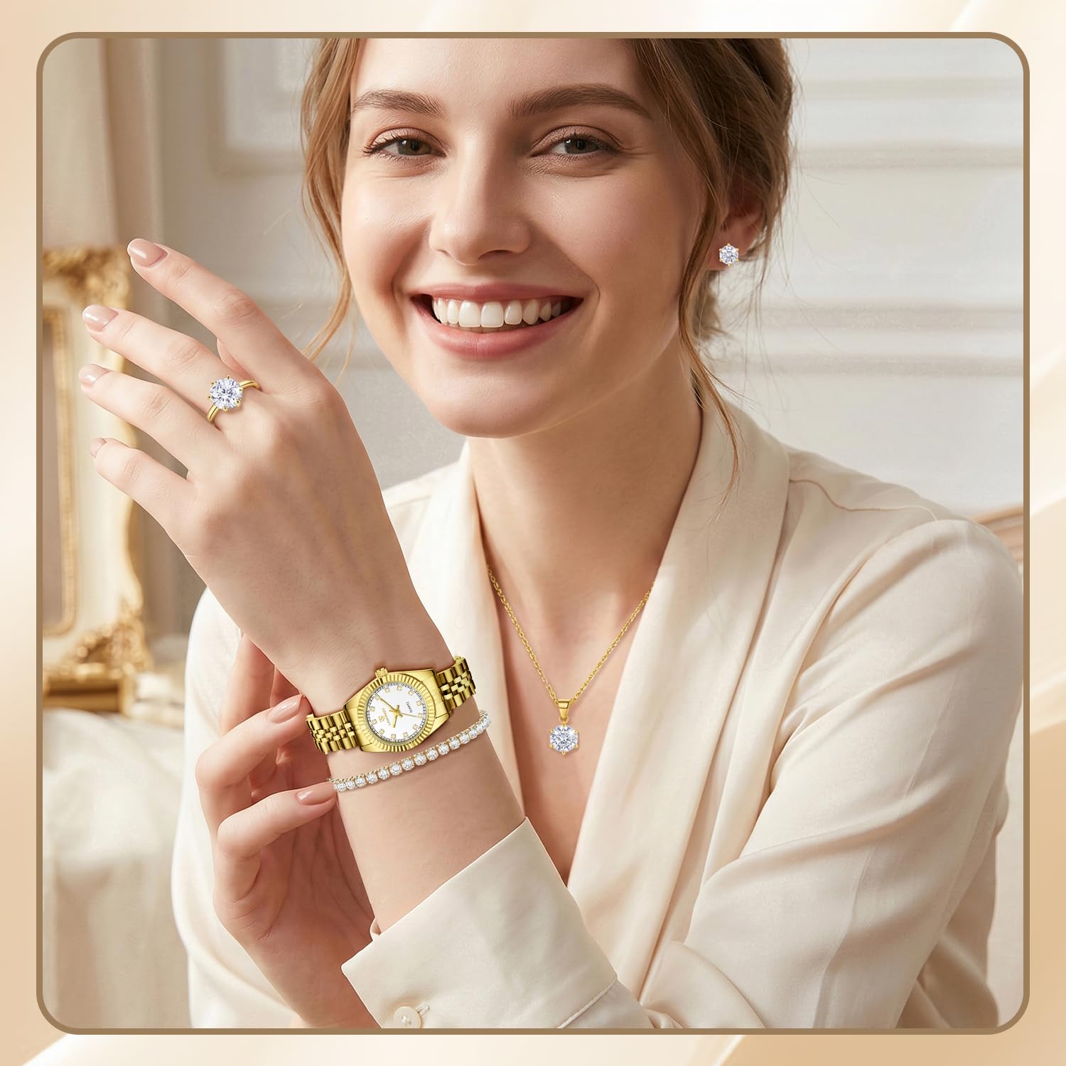 Timever Damen-Armbanduhr-Set, 18 Karat vergoldet, Armreif, Armband, Ring für Frauen, zierliche Damen-Armbanduhr, wasserdicht, analoge Uhr mit leuchtend, Valentinstag, Jahrestag, Geburtstag, Geschenke