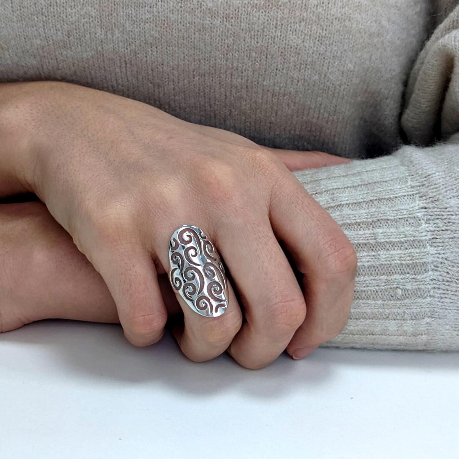 Silverly Sterling Silver Armour Statement Ring With Cut-Out Spiral Filigree – 925 Silver Long Oval Shield Ring With Ornate Swirl Openwork - Modern Abstract Full-Finger Statement Ring for Women