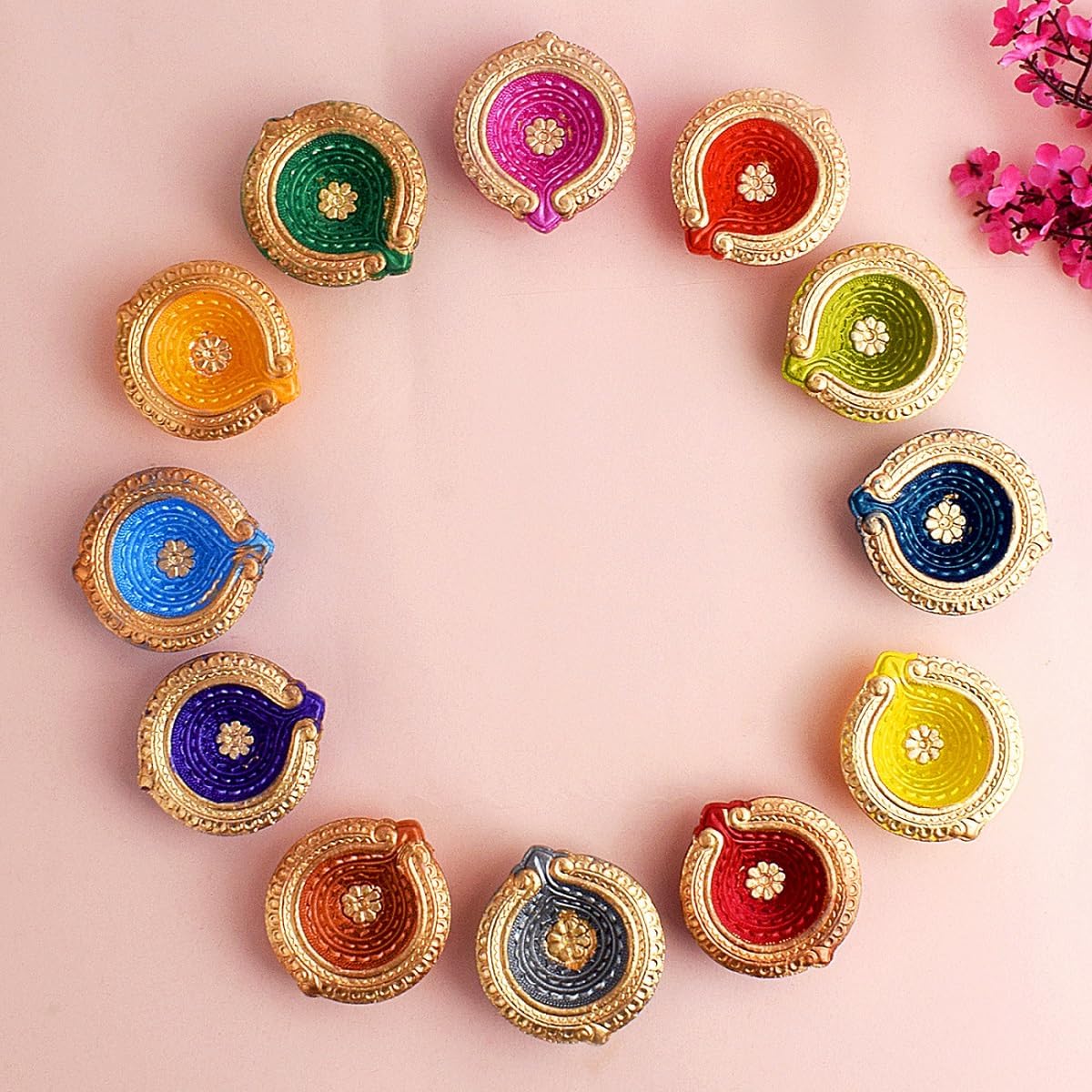 SATVIK 12 Pc Multicolor Clay Diya with Laxmi Charan Stickers Terracotta Dia Traditional Puja Vilakku Oil Lamp Natural Mitti Diya Tea Light Welcome Diwali Deepawali Navratri Pooja Décorations Indian