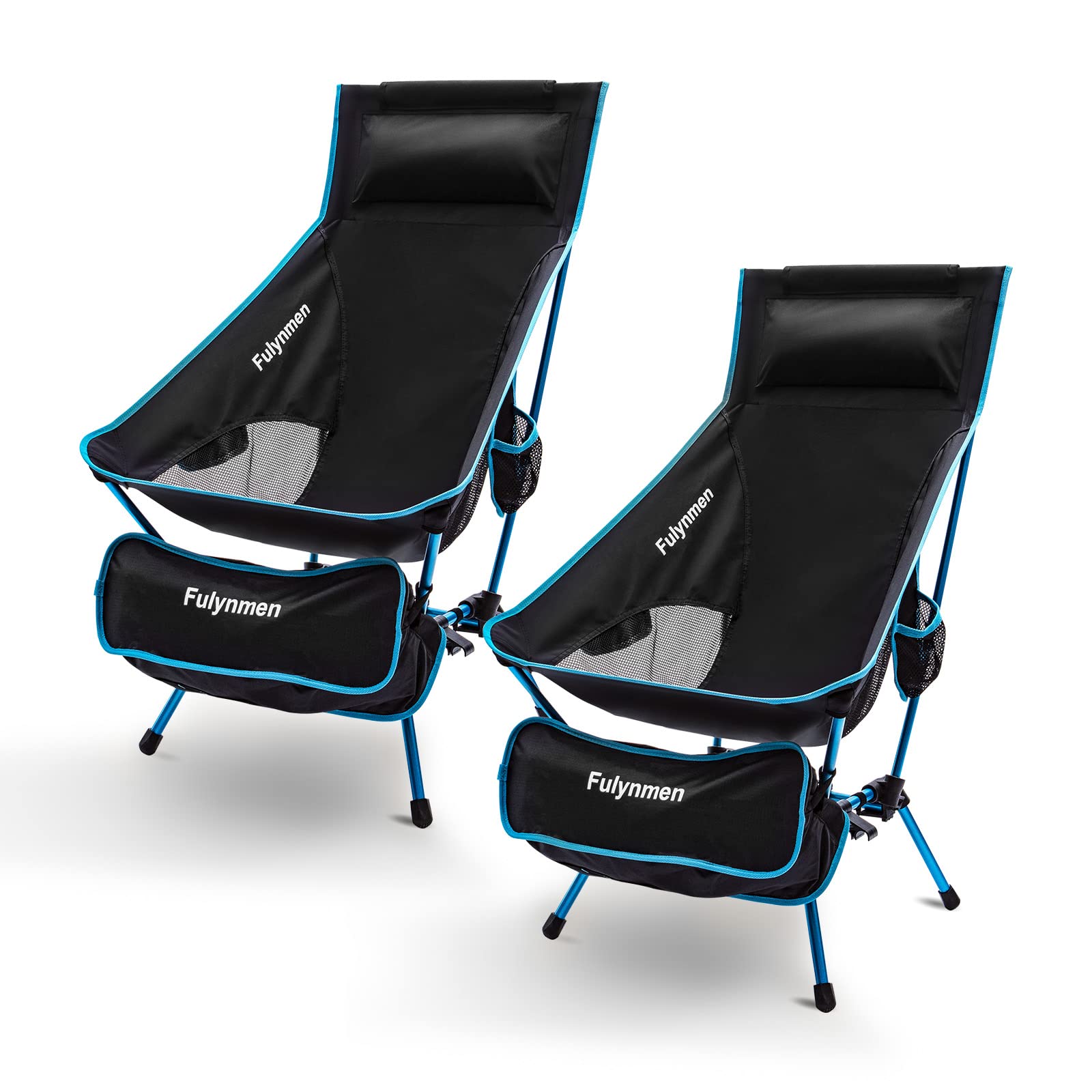 Fulynmen 2 Pack High Back Folding Camping Chairs with Side Pockets Headrests Carry Bag, Support