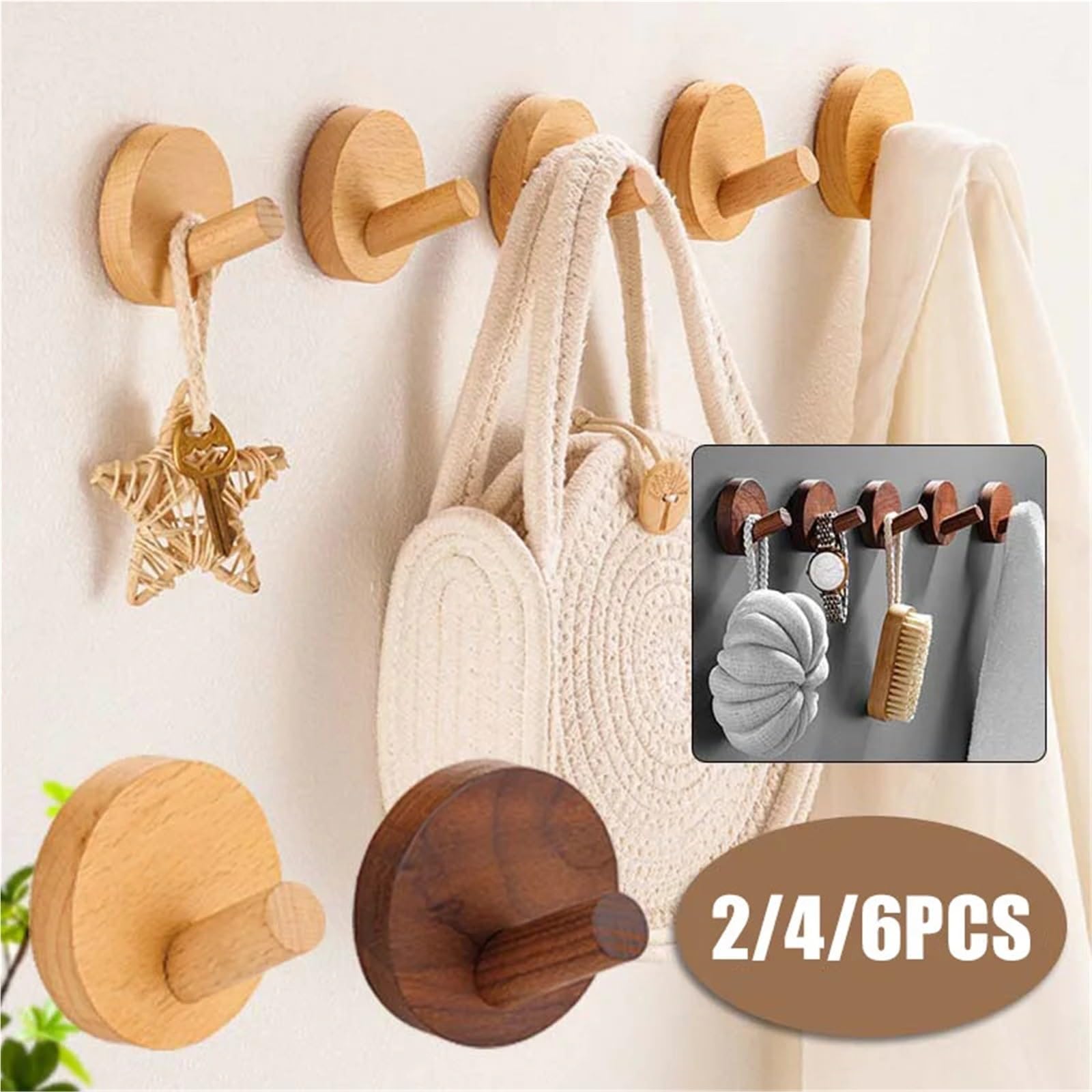 Gancho de madera nogal haya, abrigo montado en la pared, ropa entrada, sombrero, falda, punzón cónico, decoración for el hogar, Hotel, baño, percha for bata Para Abrigos(Wakbut-6PCS)