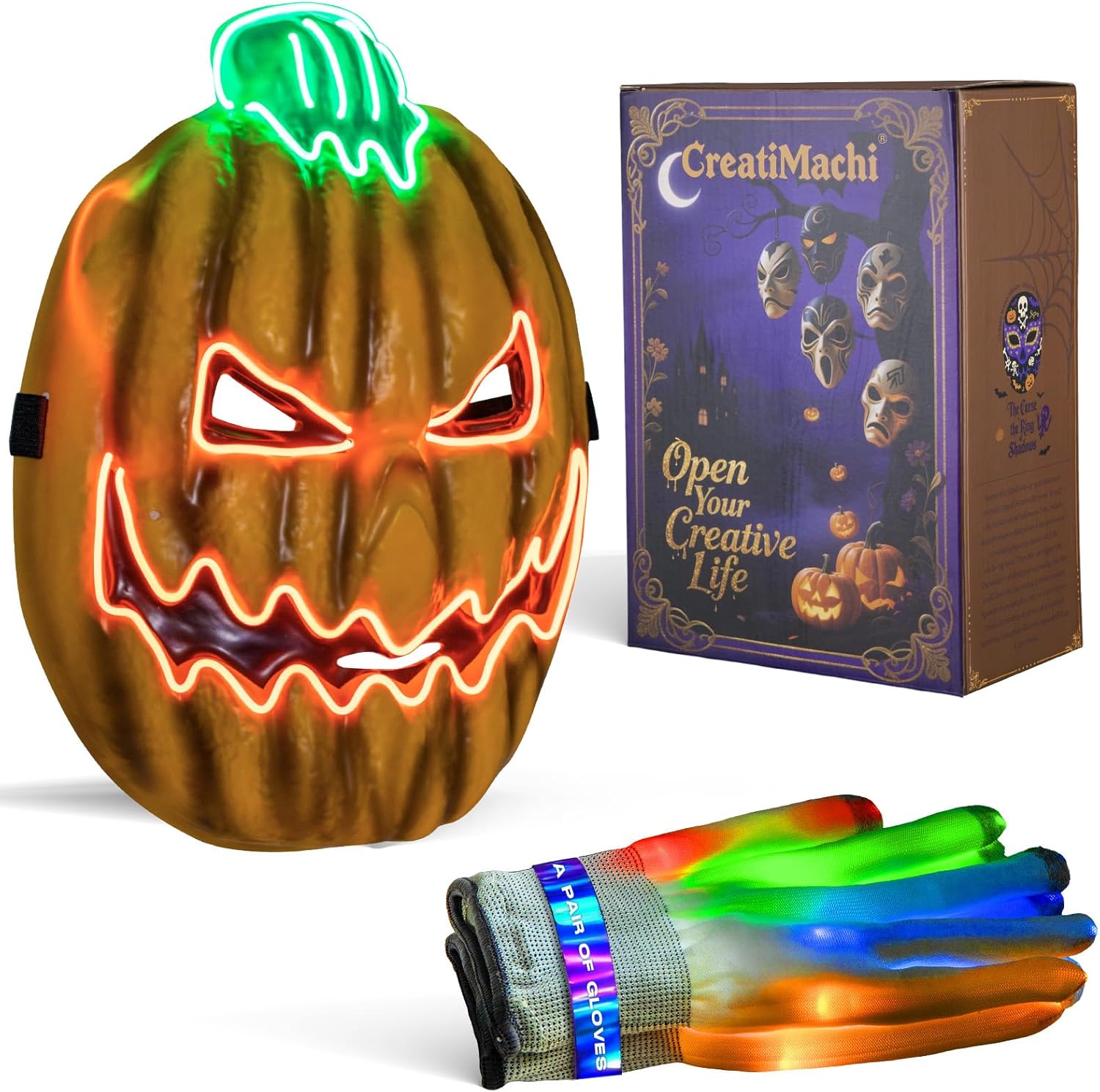 LED Mask,Halloween Costumes LED Gloves Set,Scary Masks,Glow in Dark Skeleton Cool Halloween Gifts for Adult&Teens Pumpkin