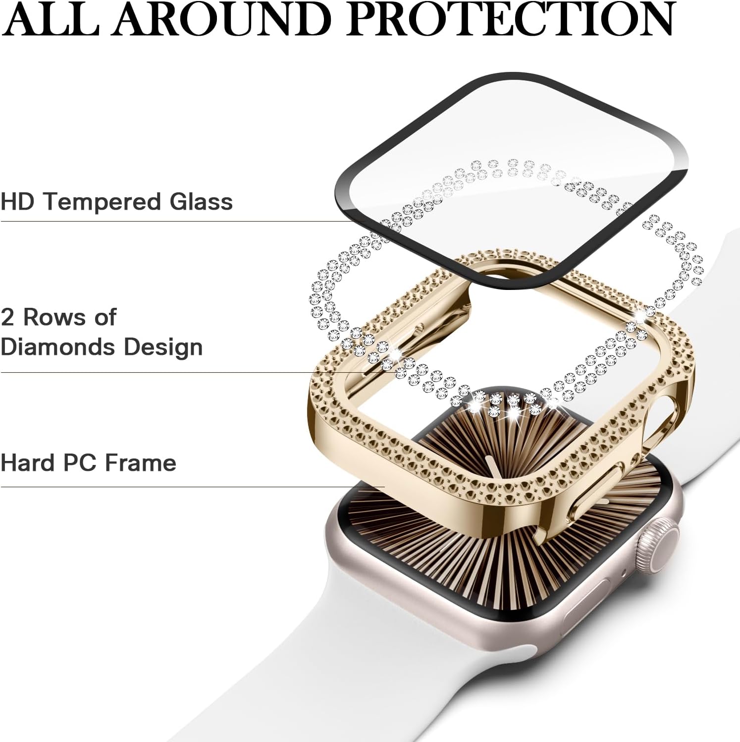 Adepoy Compatible for Apple Watch Case Series 11/10 42mm with Tempered Glass Screen Protector, Double Bling Case Crystal Diamonds Rhinestone Bumper Overall Hard PC Ultra Protective Cover For iWatch 42 - Image 3