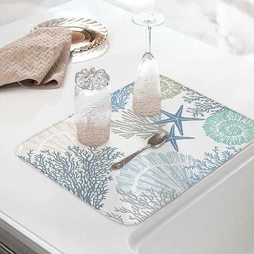 Miniatura 2 de Tapete de secado de platos para encimera de cocina, náutico, costero, océano, coral, tapete de secado de microfibra absorbente para encimeras,