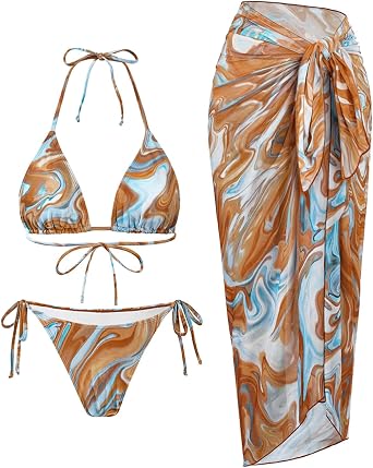 Womens 3 Piece Swimsuit - Sexy Triangle Halter Bikini Sets with Sarong Cover Up String Tie Side Bathing Suits 2026