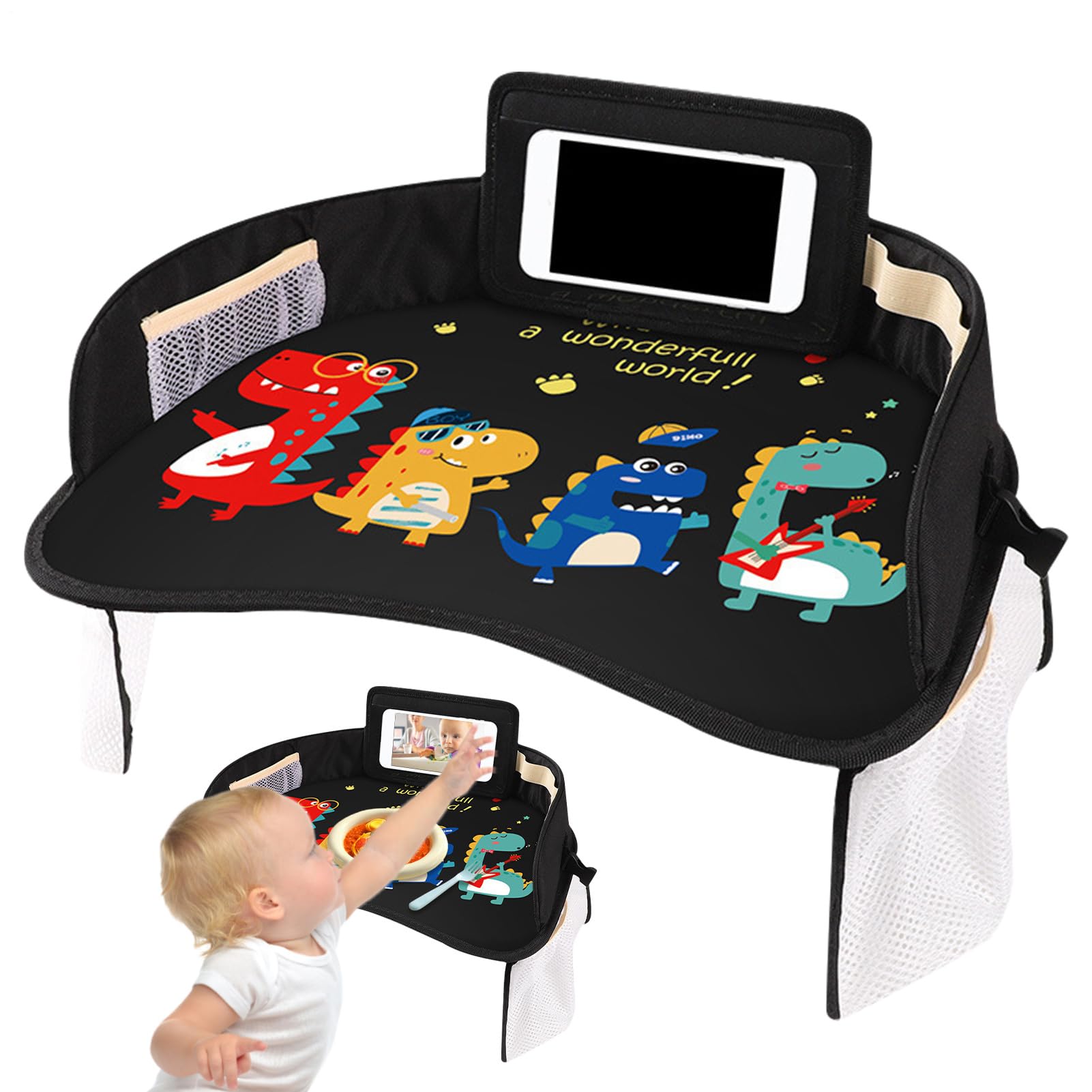Bandeja de viaje para niños: mesa de actividades impermeable para asiento de coche, escritorio portátil con espacio para guardar juguetes | Soporte para refrigerios, superficie de dibujo para niños pe