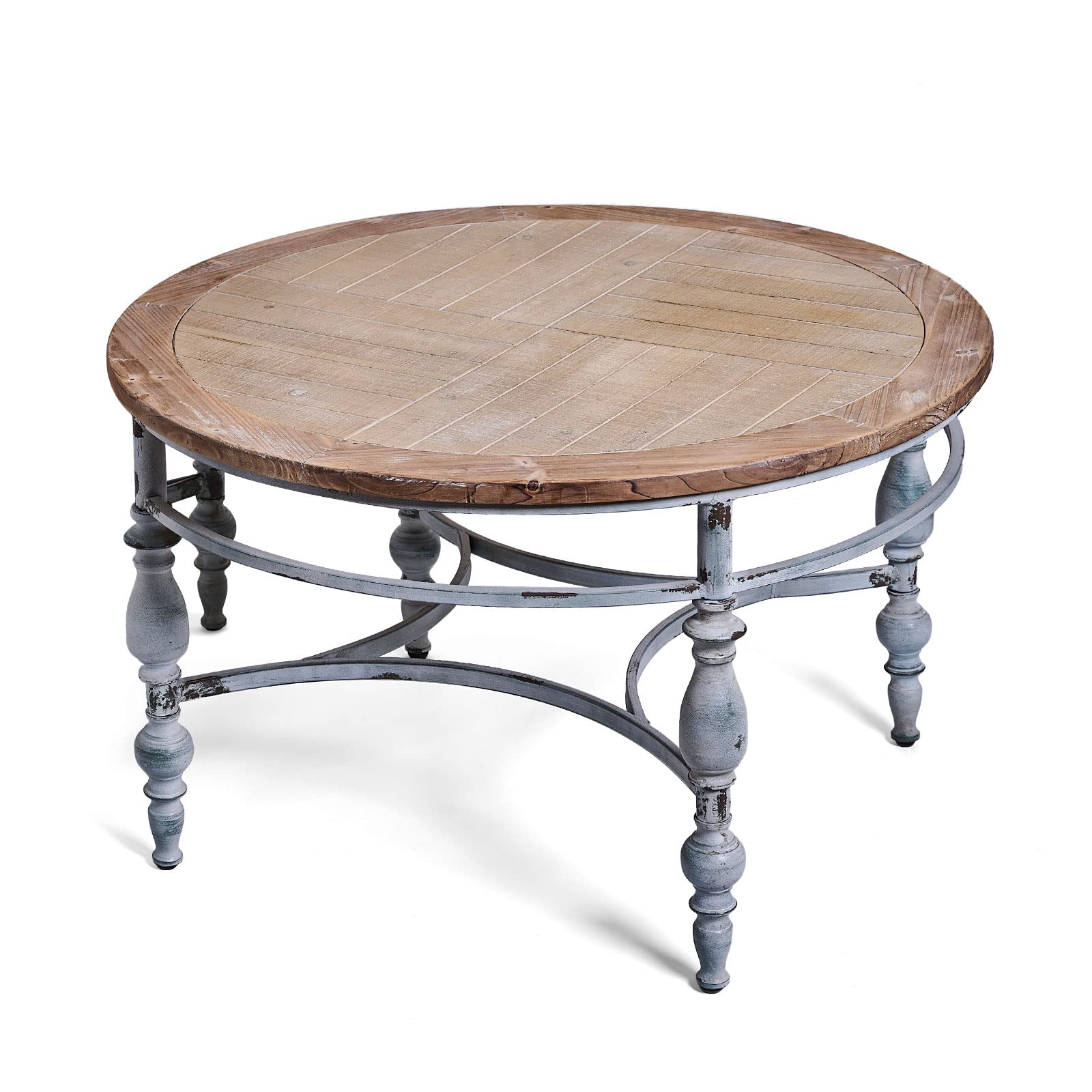 TIMBERMAVEN Rustic Farmhouse Round Coffee Table, French Country Vintage Center Table,?å31.5'' x18.9''H Rustic Solid Wood with Vintage Iron Legs, for Living Room, Bedroom,Dinning Room,Chipped White
