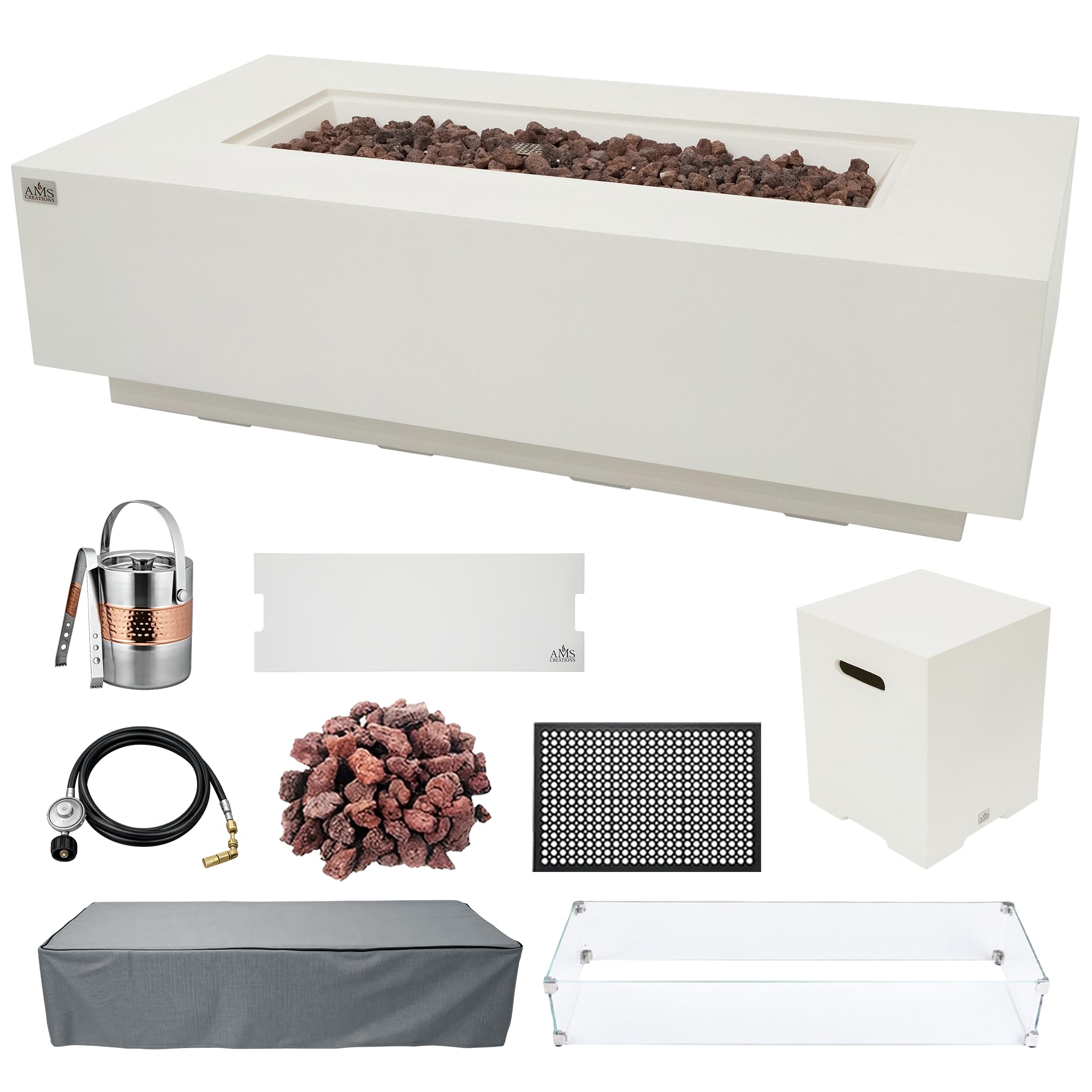 AMS 60" Rectangular Concrete Propane Gas Fire Pit Table Bundle, Cream White
