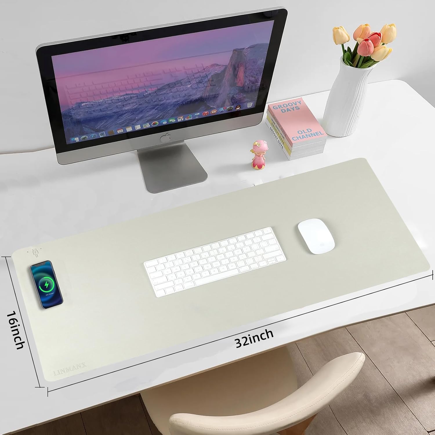 Wireless Charging Mouse Pad with for Desktop Charging Large Desk Mat 32"x16" Waterproof Gray Leather Computer Mat Mousepad Non-Slip Protector on Top of Desks for Keyboard and Mouse(Gray-R)
