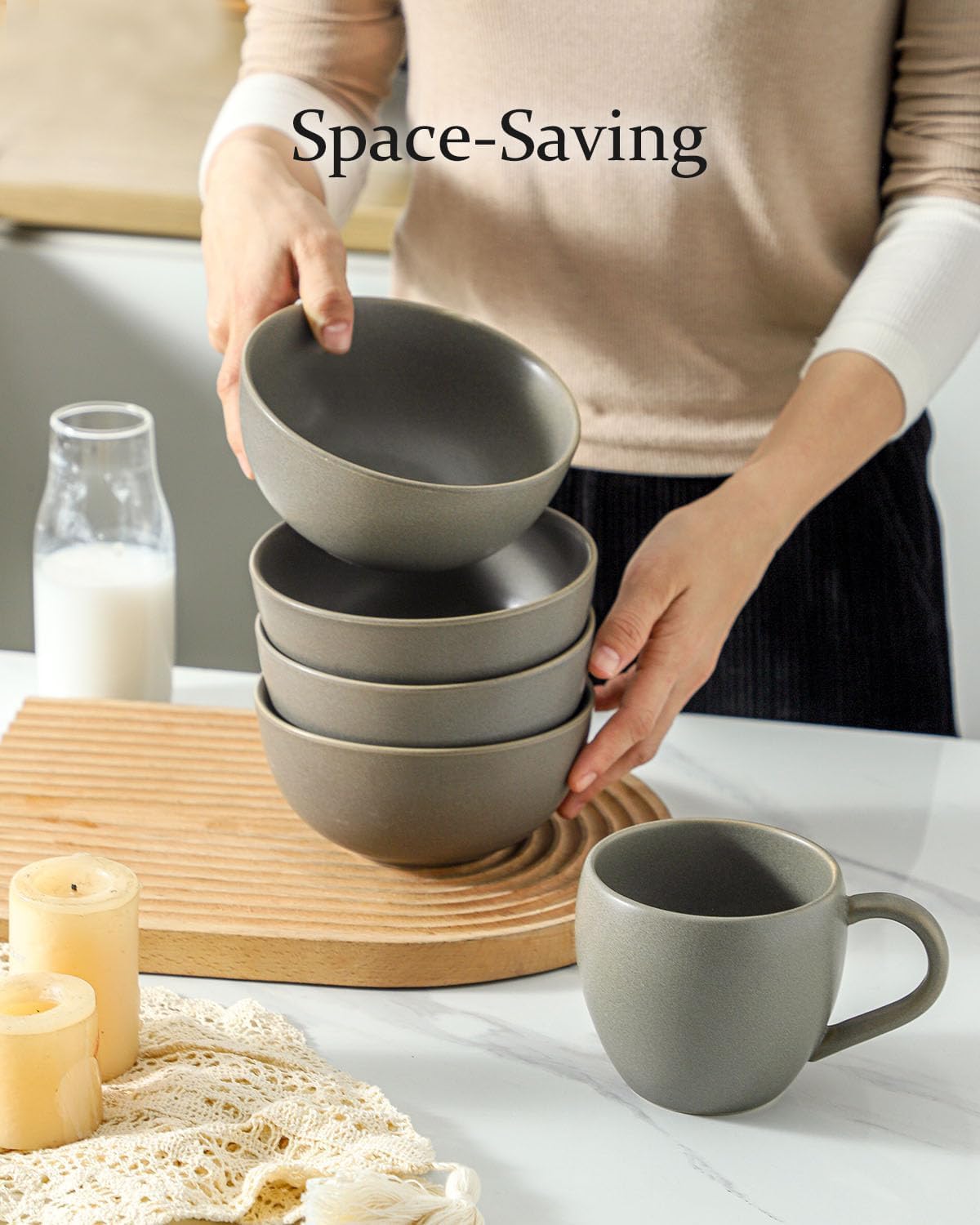 Cereal Bowls Set of 4, 24 oz Ceramic Bowls for Kitchen, Stoneware Soup Bowls for Salad, Ramen, Snack, Dessert, Unique Housewarming Gift, Dishwasher Microwave Safe, Matte Gray - Image 7