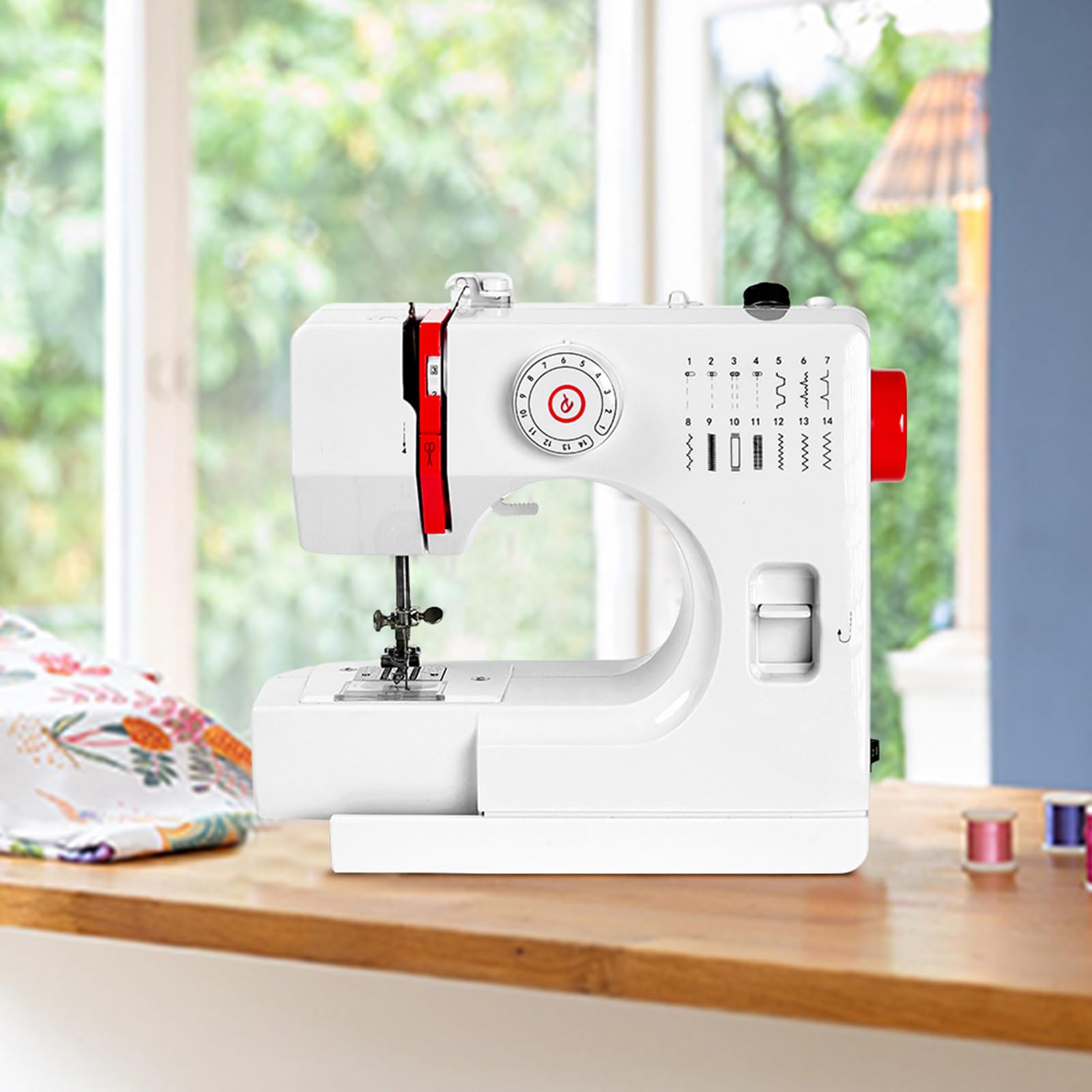 Máquina de coser, máquina de coser eléctrica 725A con 14 puntadas, modelo mejorado, juego de hilo de coser con mesa extensible y tela (Regulaciones europeas)