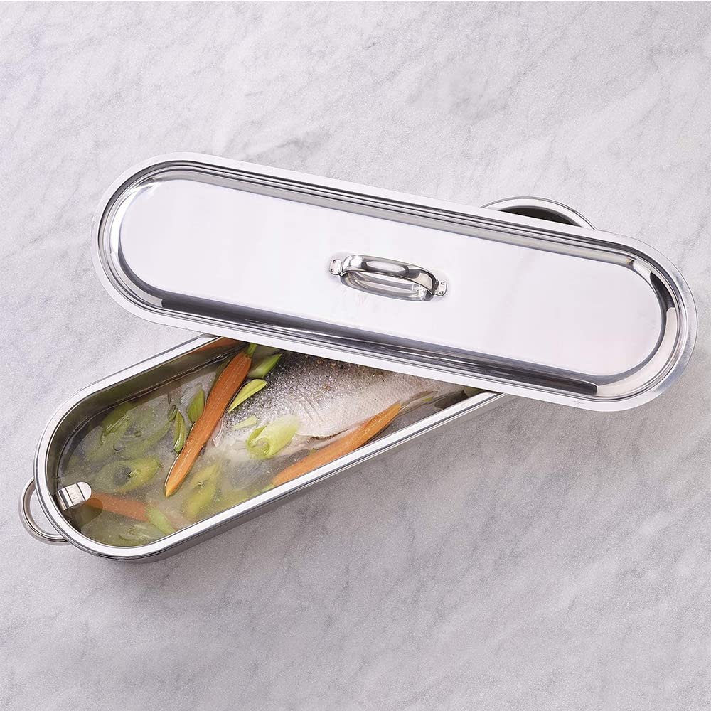 Pesciera con griglia e Coperchio cuoci Pesce becchetti Acciaio Inox 18/10 Manici reclinabili casseruola pentola Ovale per Cucina Ristorante