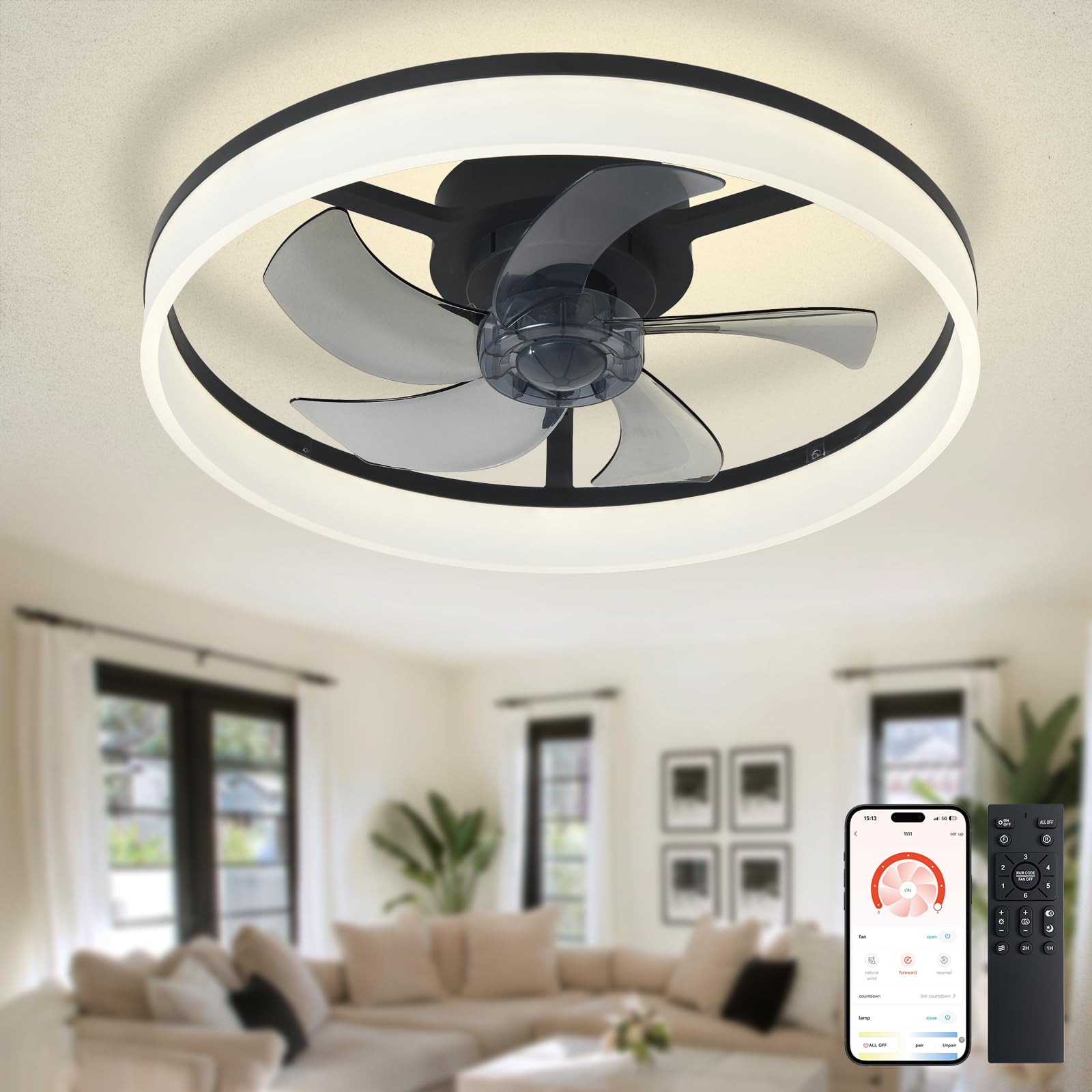 Depuley Black 20" Ceiling Fan with Light for Bedroom