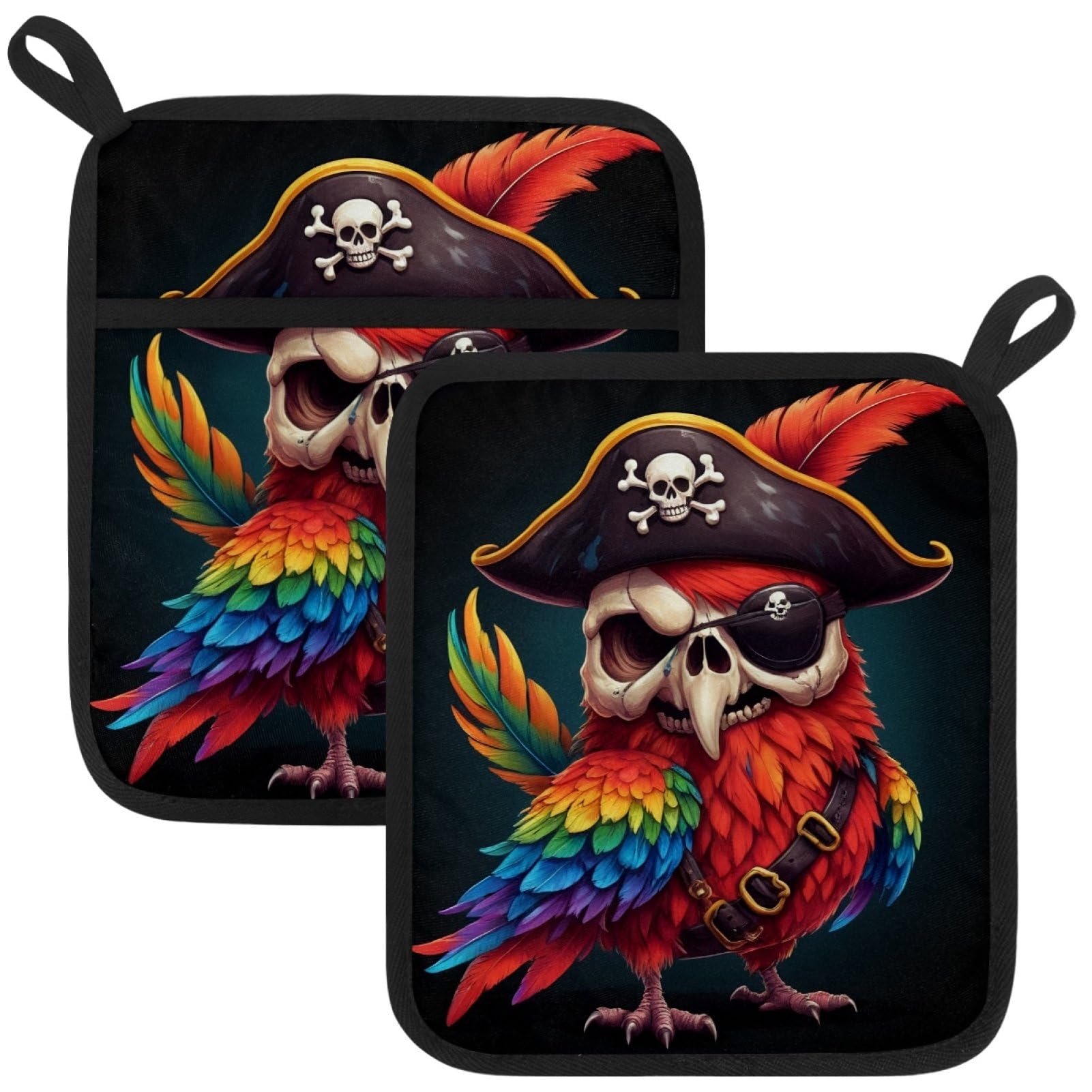 VAPOKF Pirate Parrots Pot Holders with Pocket for Kitchen Heat Resistant Potholders Large Polyester-Cotton Square Oven Mitts Set