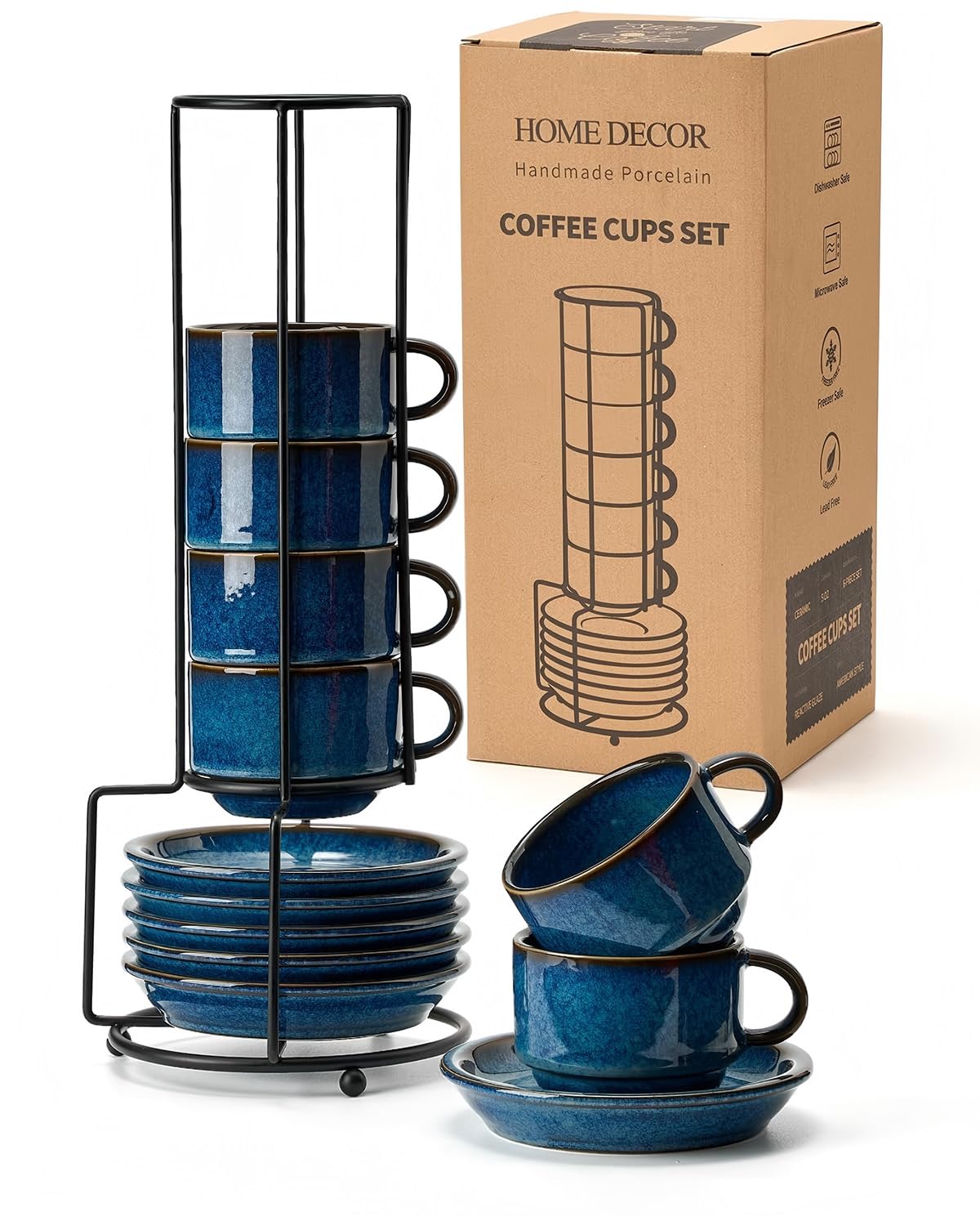 HOME DECOR Set di tazze da caffè – processo di smalto reattivo – 6 tazze da caffè da 140 ml con piattino e supporto – eleganti tazze in ceramica per espresso, cappuccino e latte – blu glassa reattiva