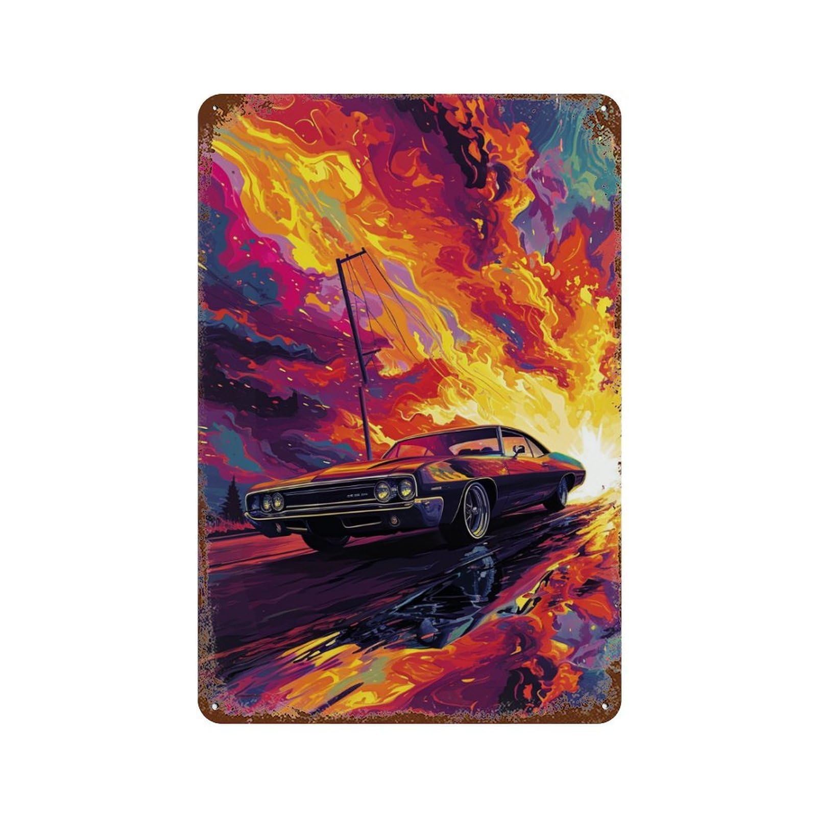 Flaming Muscle Car Art Print Rust Effect Tin Sign 11.8"x7.9", Rustic Home Decor for Cafe, Home Bar And Lounge Decor