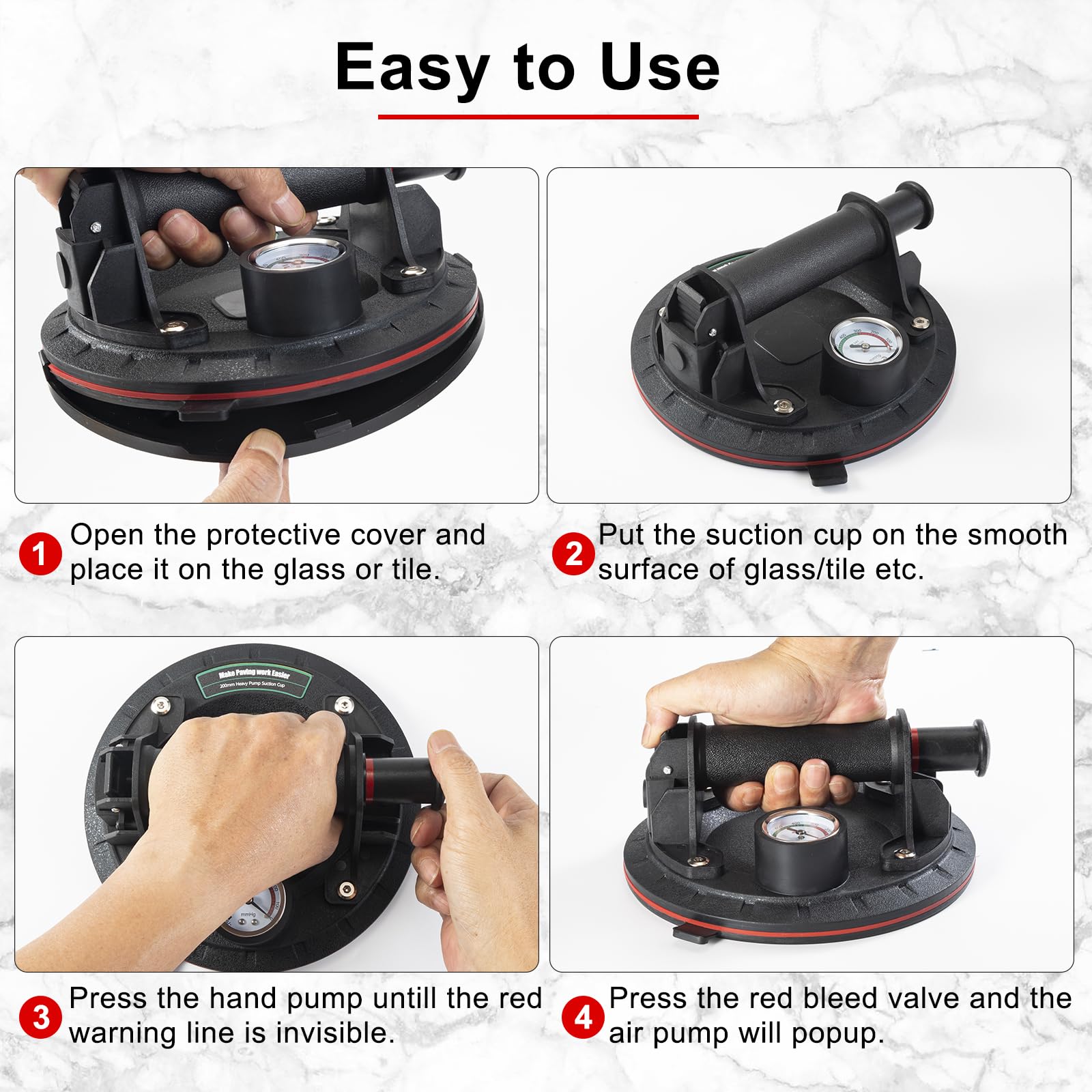 Pack de 2 Ventosas de Vacío de 8" con Manómetro, Potentes Ventosas para Trabajos Pesados en Vidrio, Azulejos, Aptas para la Industria de Manipulación de Materiales (Carga Aprox. 150kg/330lbs)