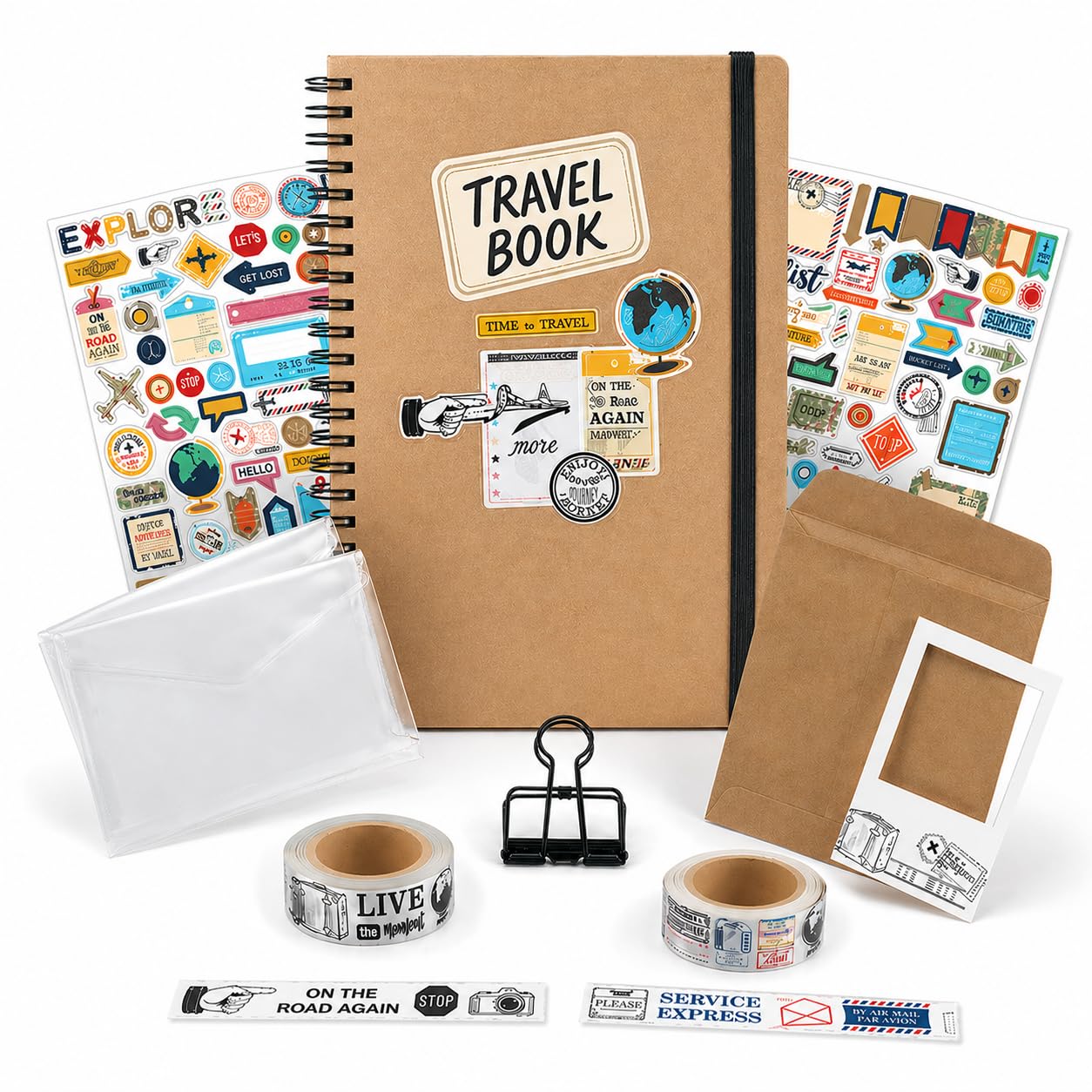 GRAINE CREATIVE - Kit complet carnet de voyage et accessoires - 60 pages - avec stickers, rubans autocollants et accessoires - Carnet de souvenirs, idée cadeaux pour souvenir de voyage