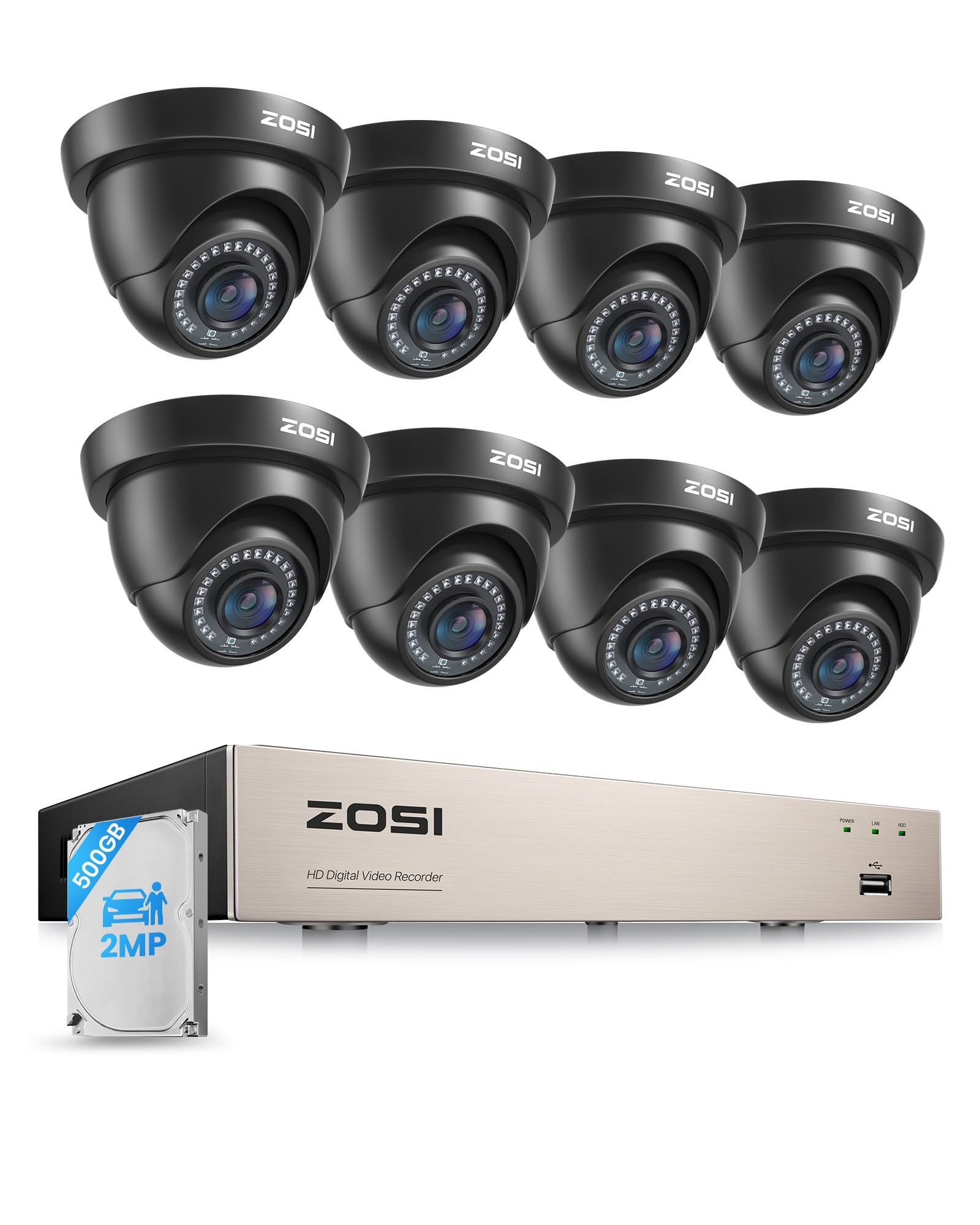 ZOSI 2MP Kit Cámaras de Vigilancia Seguridad Cableada para Hogar 8CH CCTV DVR Sistema 500GB Disco Duro y 8 1080P Cámara Interior/Exterior, Detección de Personas, Visión Nocturna