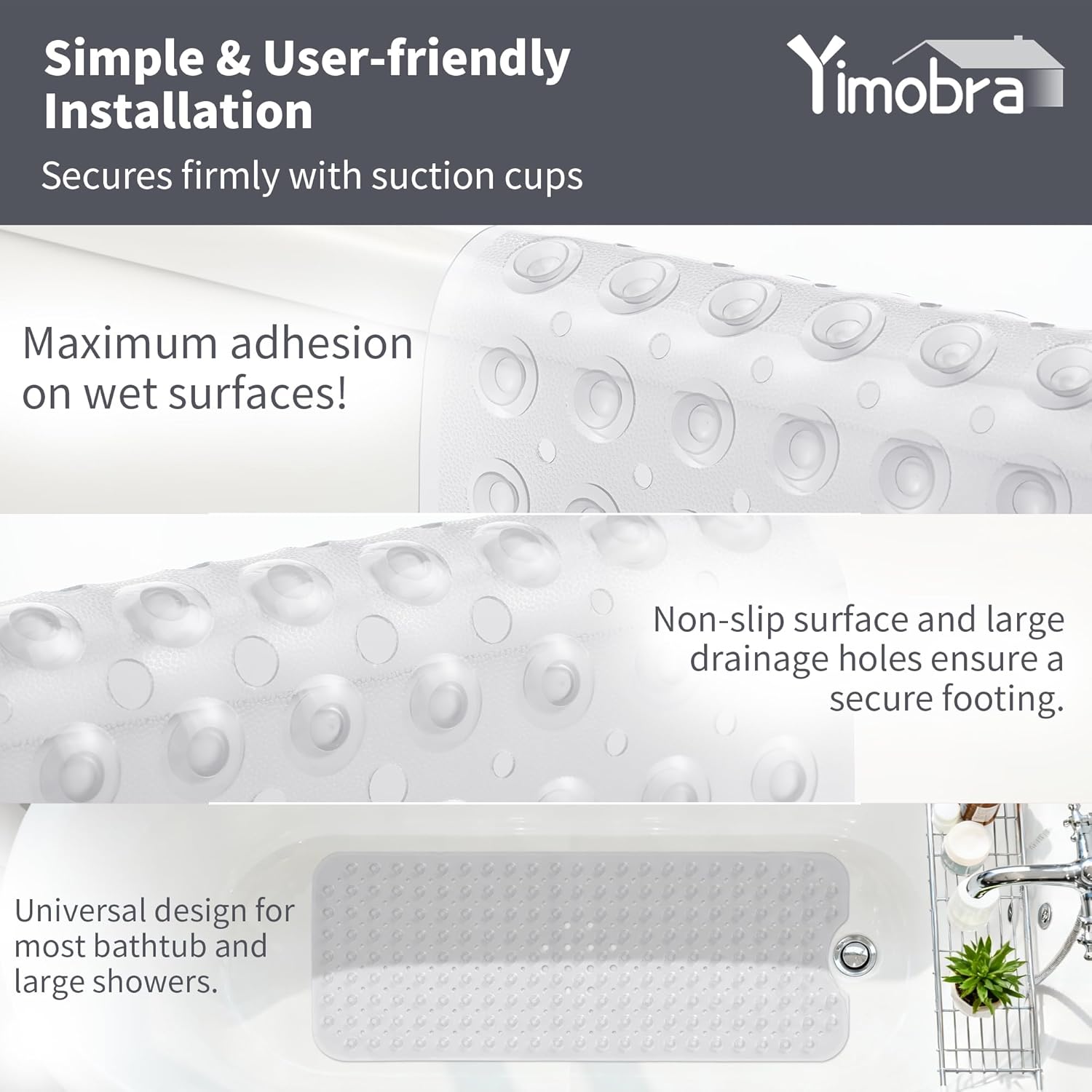 Yimobra Non Slip Bathtub Mat 40 x 16 Inch, Extra Long Shower Mat with Drain Holes, Machine Washable Baby Bath Mats, Strong Suction Cups for Bathroom Floor, Clear - Image 3