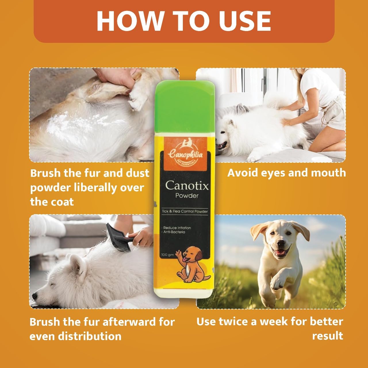 Canophilia Canotix Dog Tick & Flea Powder for Dogs, Natural Herbal Formula with Neem | Tulsi & Lemongrass | Helps Repel Ticks | Fleas & Itching | Easy-to-Use Pet Coat Care Powder, 100g 2