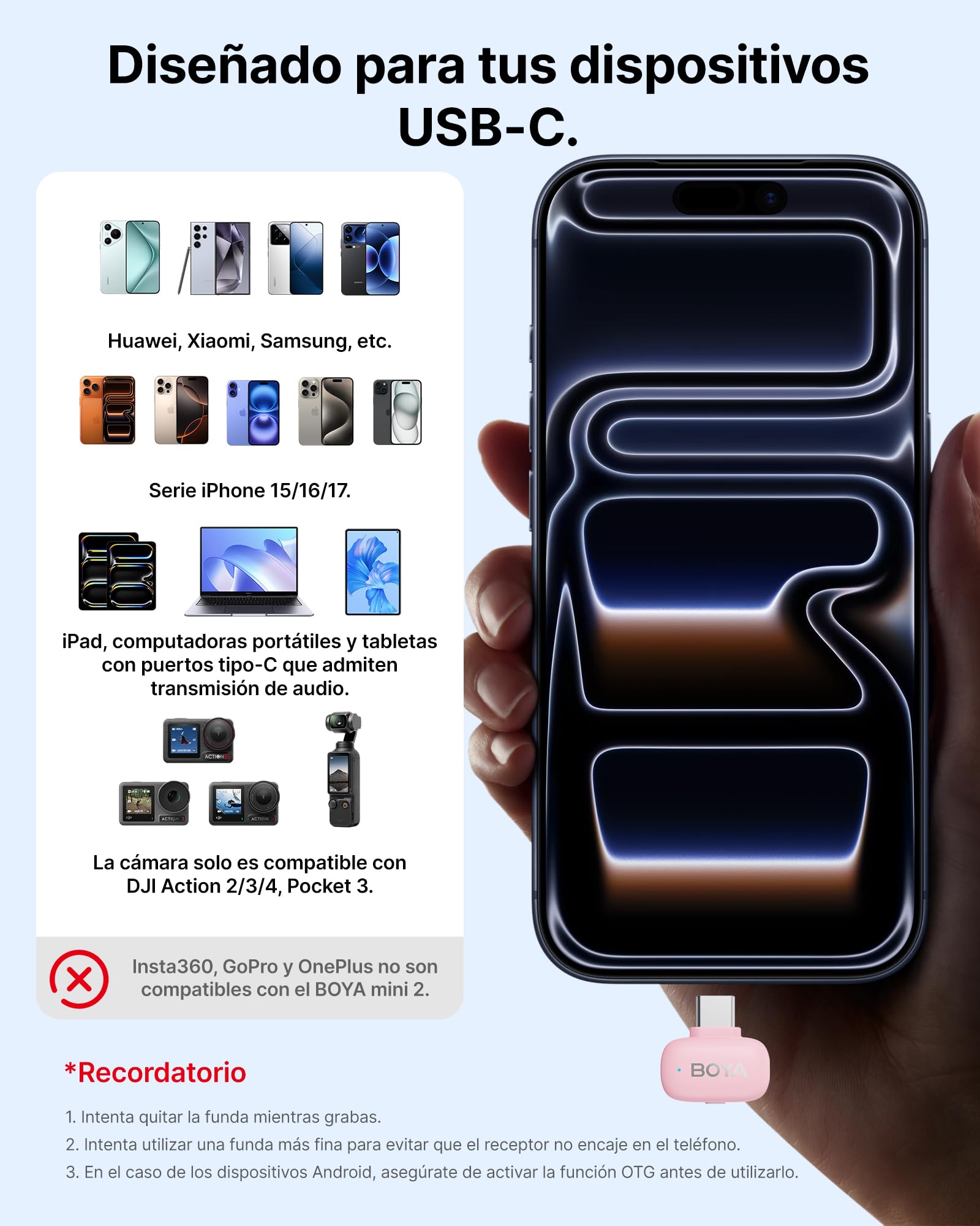 BOYA Mini 2 Micro Cravate sans Fil pour iPhone & Android, USB-C, Rose