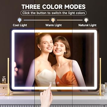 Hasipu Large LED Vanity Mirror 30x21 - Makeup Mirror with 5X Magnification, Phone Holder, USB Charging, Smart Touch 3-Color Lighting & 360 Rotation (Gold)