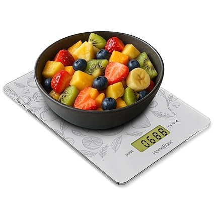 HOMEBASIC Digital Kitchen Weighing Scale 5kg (5 Unit Modes~0.1g Accuracy) Glass Platform, LCD Display, Touch Button, Tare Function, Portable Weight Machine Food Scale for Cooking Baking Diet (WHITE)