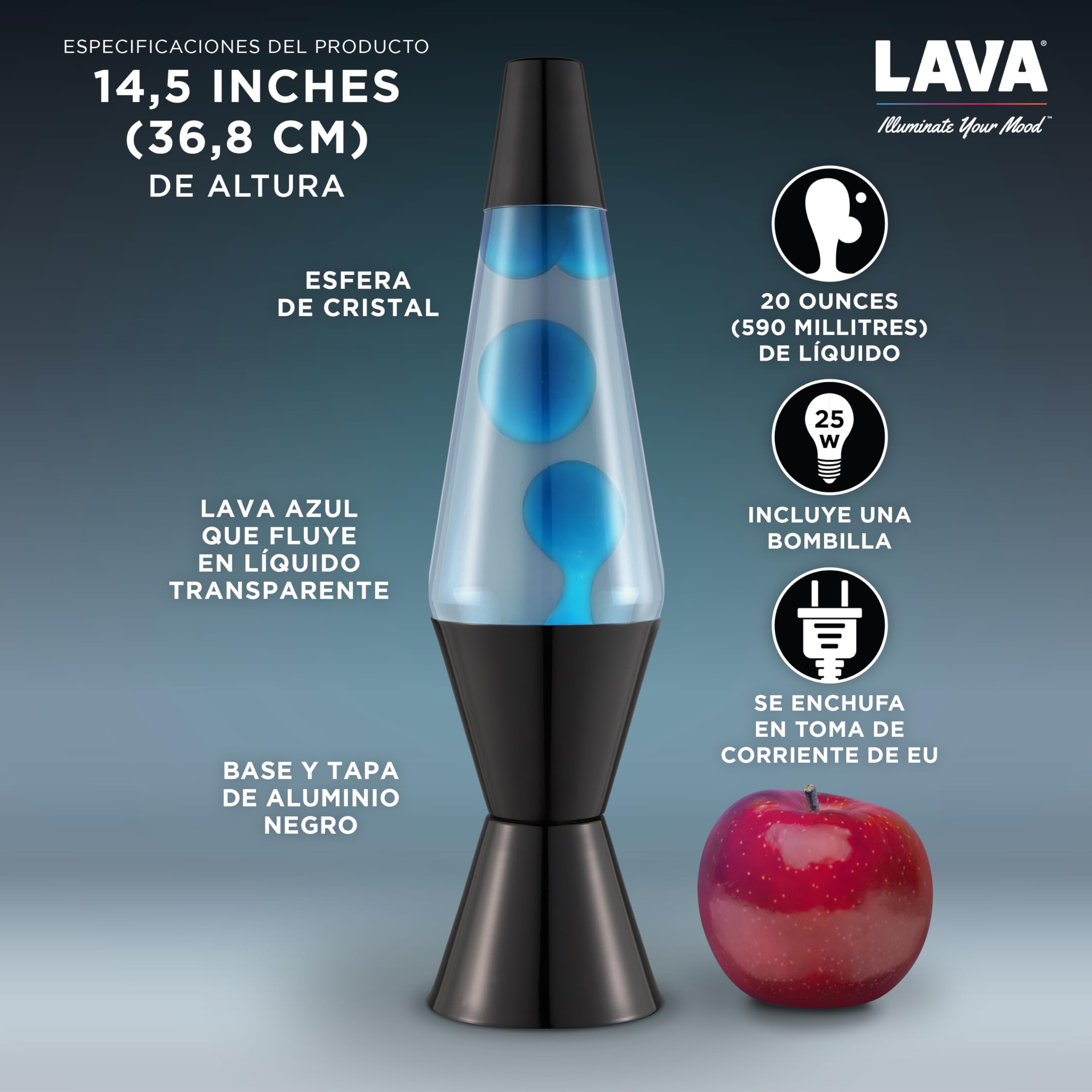 LAVA® - Lámpara Lava 2313, cera azul, líquido transparente, base y tapa negro, original de 14,5 pulgadas. Lámpara de movimiento marca LAVA®