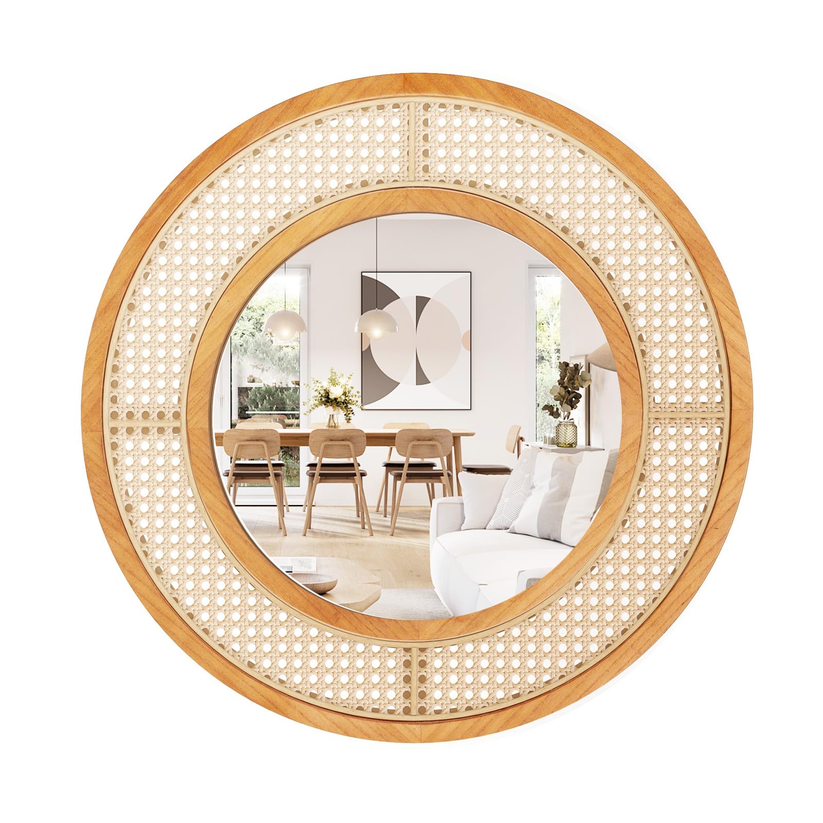 GOPLUS Espejo de Pared de Ratán, Espejo Redondo Bohemio de 65 cm con Marco de Madera, Vidrio de Aluminio, Espejo Decorativo Rústico para Sala, Dormitorio, Entrada, Baño, Instalación Fácil, Natural