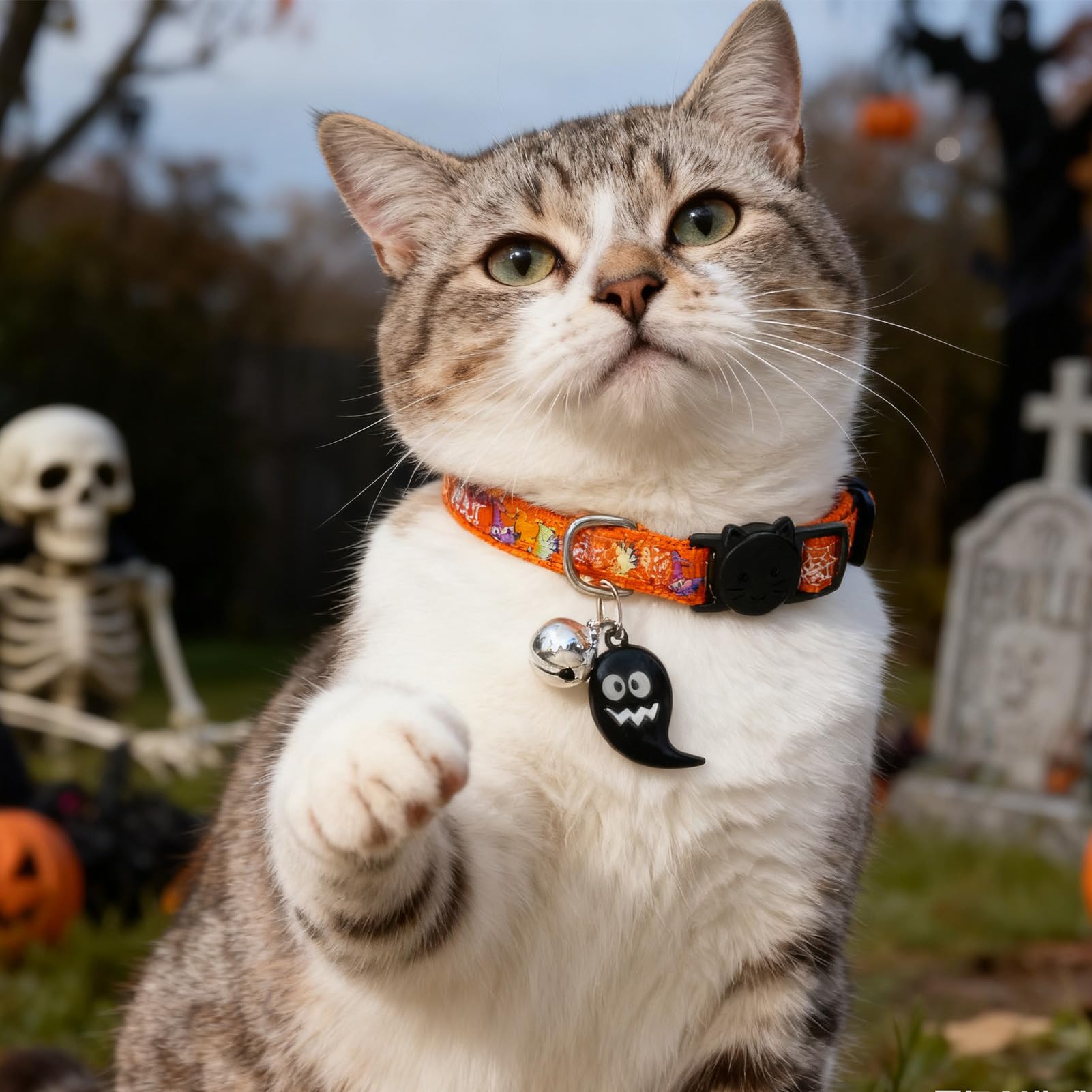 EXPAWLORER Katzenhalsband-Set im Halloween-Stil, leuchtend, verstellbar, mit süßem Geister-Zubehör, langlebiges Halsband mit sicherer Schnalle für Katzen, Kätzchen und kleine Welpen, 2 Stück