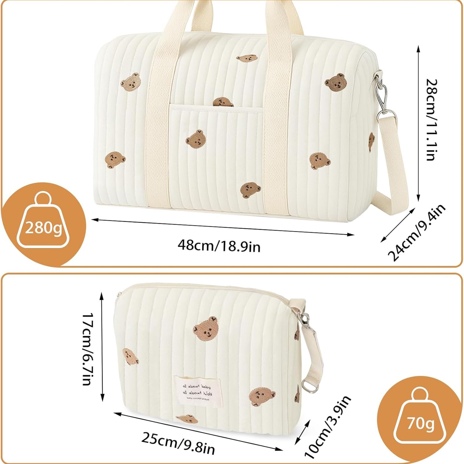 ZVD Bustine Corredino Neonato Ospedale Borsa Passeggino Set 2 Pezzi, Mommy Bag Spalla Cotone Ricamo