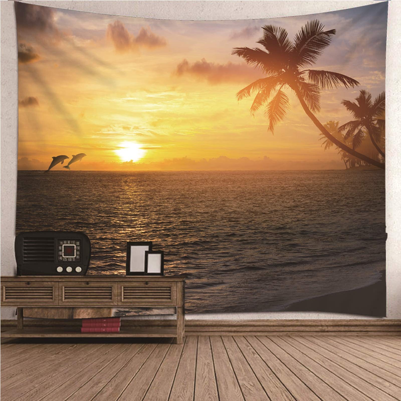 Beydodo Tapisserie Vorhang Sonnenuntergang Delfin Kokospalme Wandbehang Wohnzimmer 300x260CM Wandteppich Nordisch