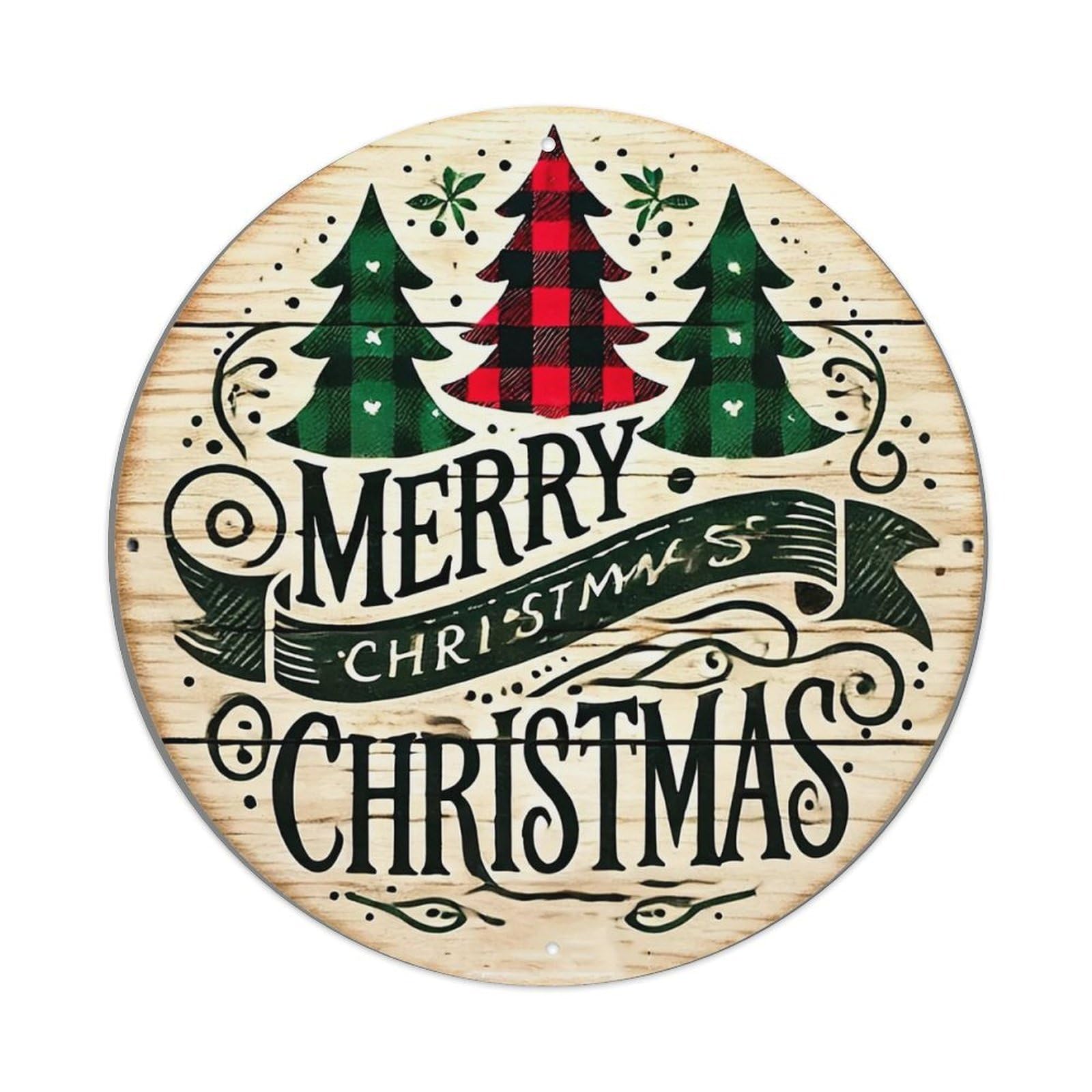 Merry Christmas Tree Pattern Print Round Metal Tin Sign Vintage Wall Decor, Bar Garage Cafe Kitchen Home Wall Art Poster 8x8inches