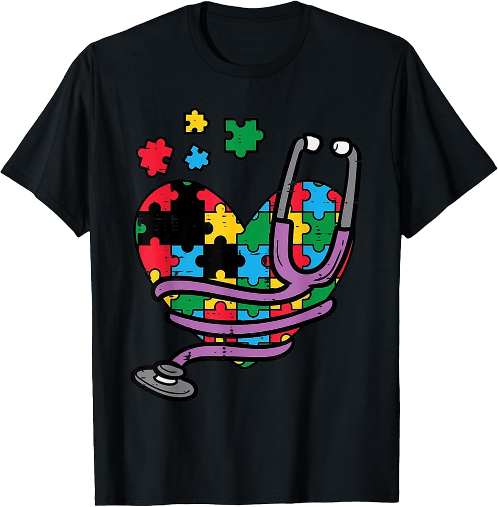 Puzzle Heart Stethoscope Autism Awareness Nursing Nurse RN T-Shirt