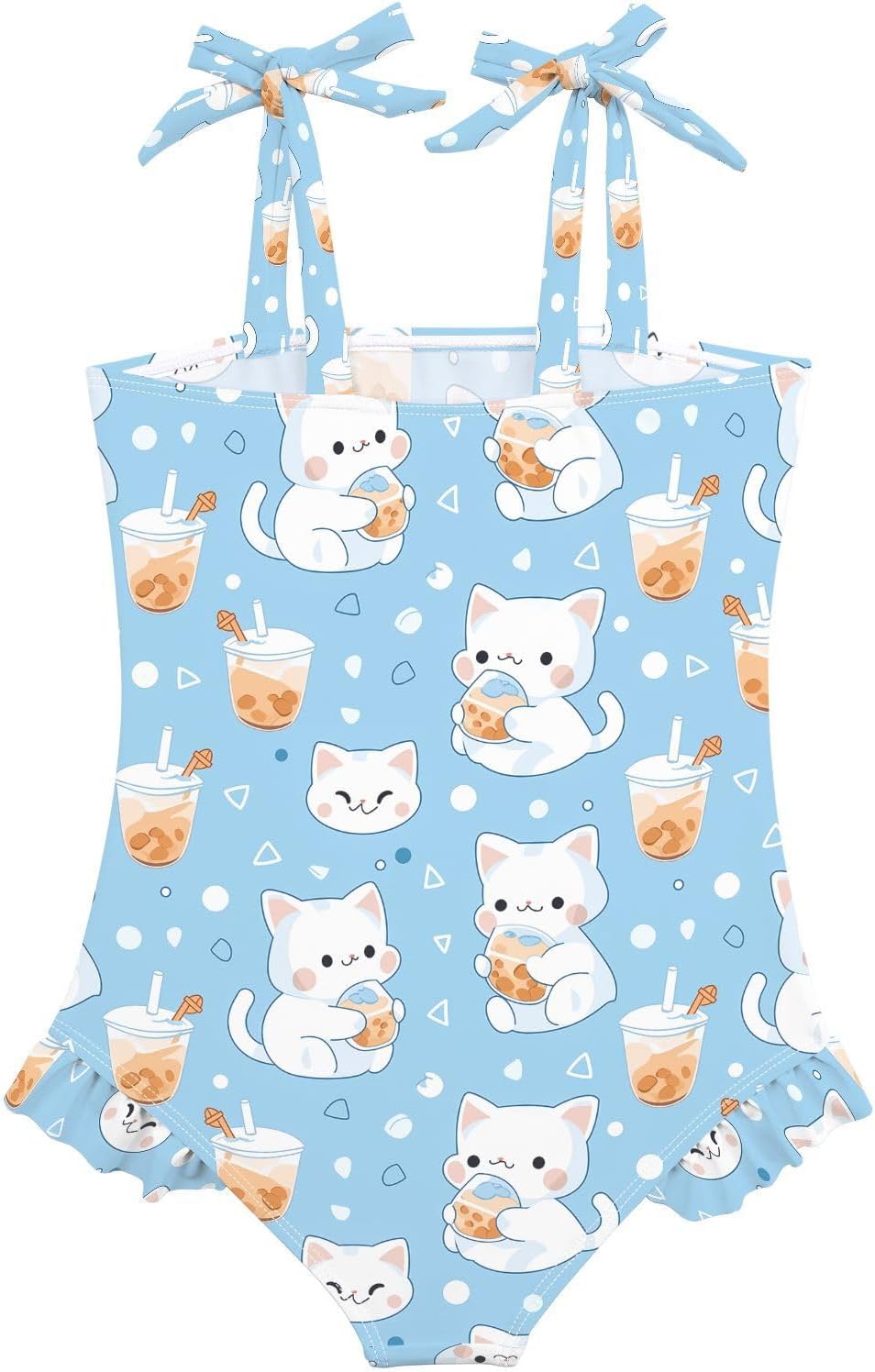 visesunny Toddler Girl Swimsuit Adjustable Strap Swimwear White Cat Milk Tea Bathing Suits for Girls 18M-6Y