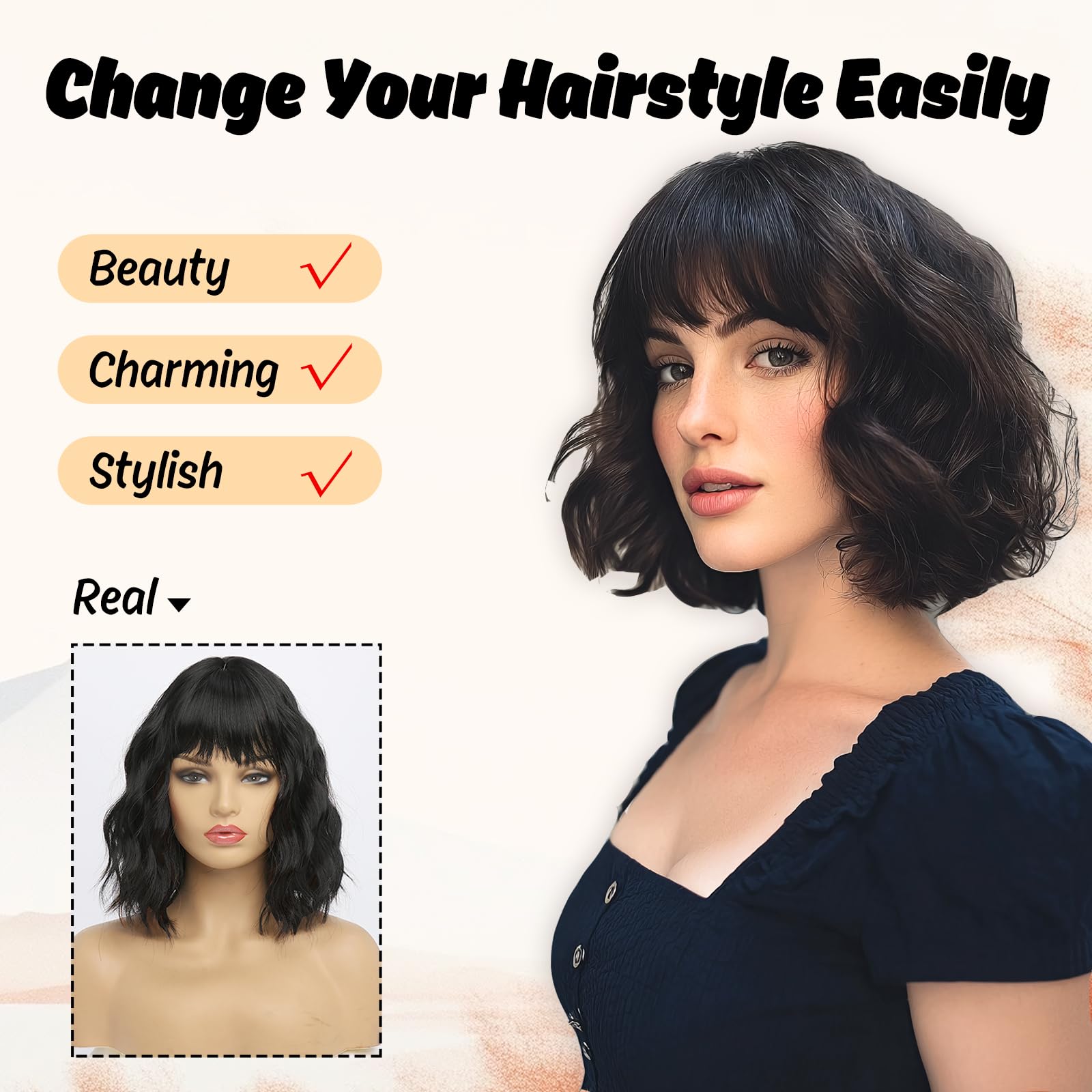 YaissmyLu Short Black Wig With Bangs Bob Wigs for Women Synthetic Natural Hair Medium Length Wig Water Wave(12 Inch) - Image 3