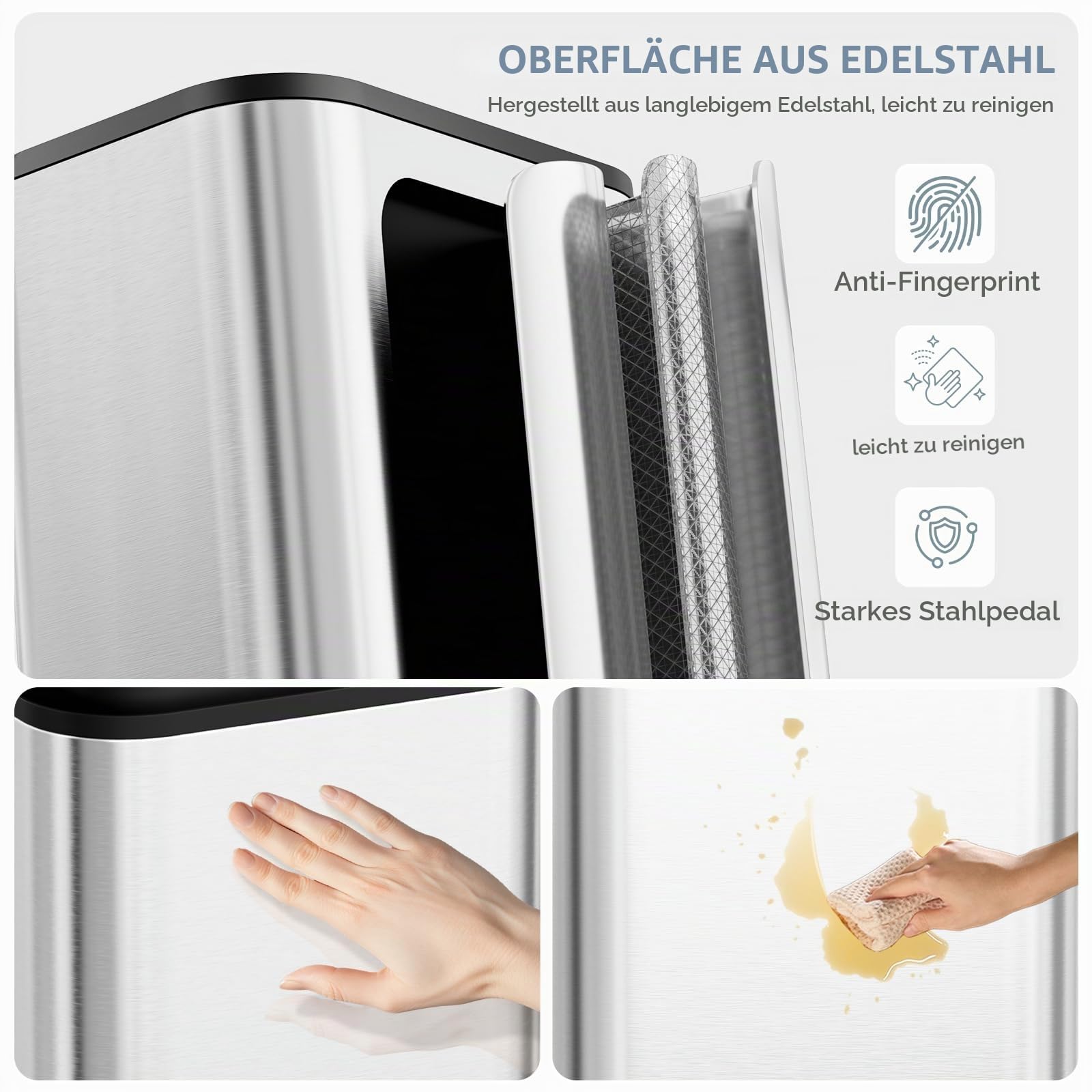 Clevich Mülleimer 30L mit Stahlkorpus und Soft-Close-Funktion, Deckel mit Edelstahloberfläche, abnehmbarem Inneneimer und Fußpedal, Treteimer für Küche, Wohnzimmer und Büro - Silber