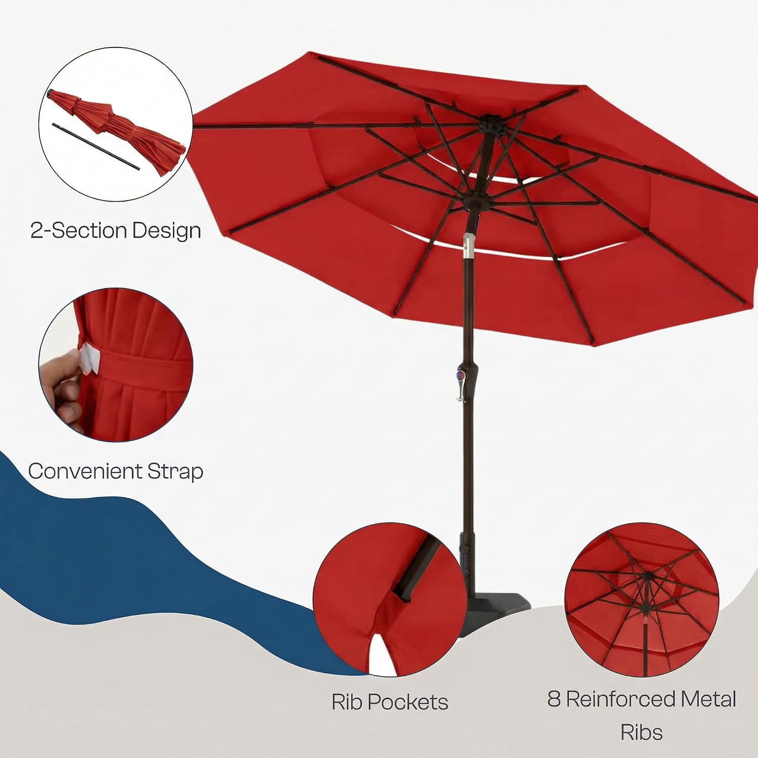 10ft 3 Tier Patio Umbrella, Outdoor Market Table Umbrella with UPF 50+ Vented Canopy, 8 Sturdy Ribs, Easy Push Button Tilt and Crank, Windproof for Deck, Pool, Backyard and Garden