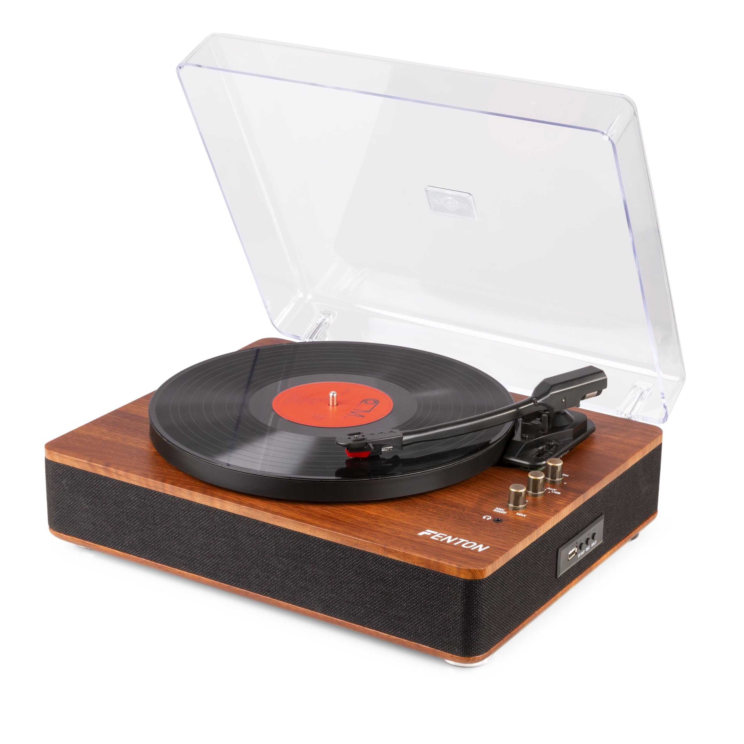 Fenton RP162D Reproductor de Discos de Vinilo con Altavoces Integrados, cápsula cerámica, Receptor y transmisor Bluetooth, convertidor MP3 a USB, Tocadiscos LP de 3 velocidades, Color Madera Oscura
