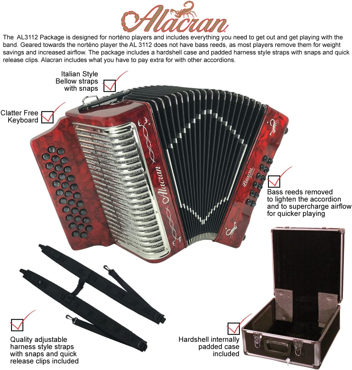 Alacran AL3112 Accordion Package: 31 Button, 12 Bass Accordion with Rigid Case and Adjustable Straps (Sol/GCF, Red Pearl)