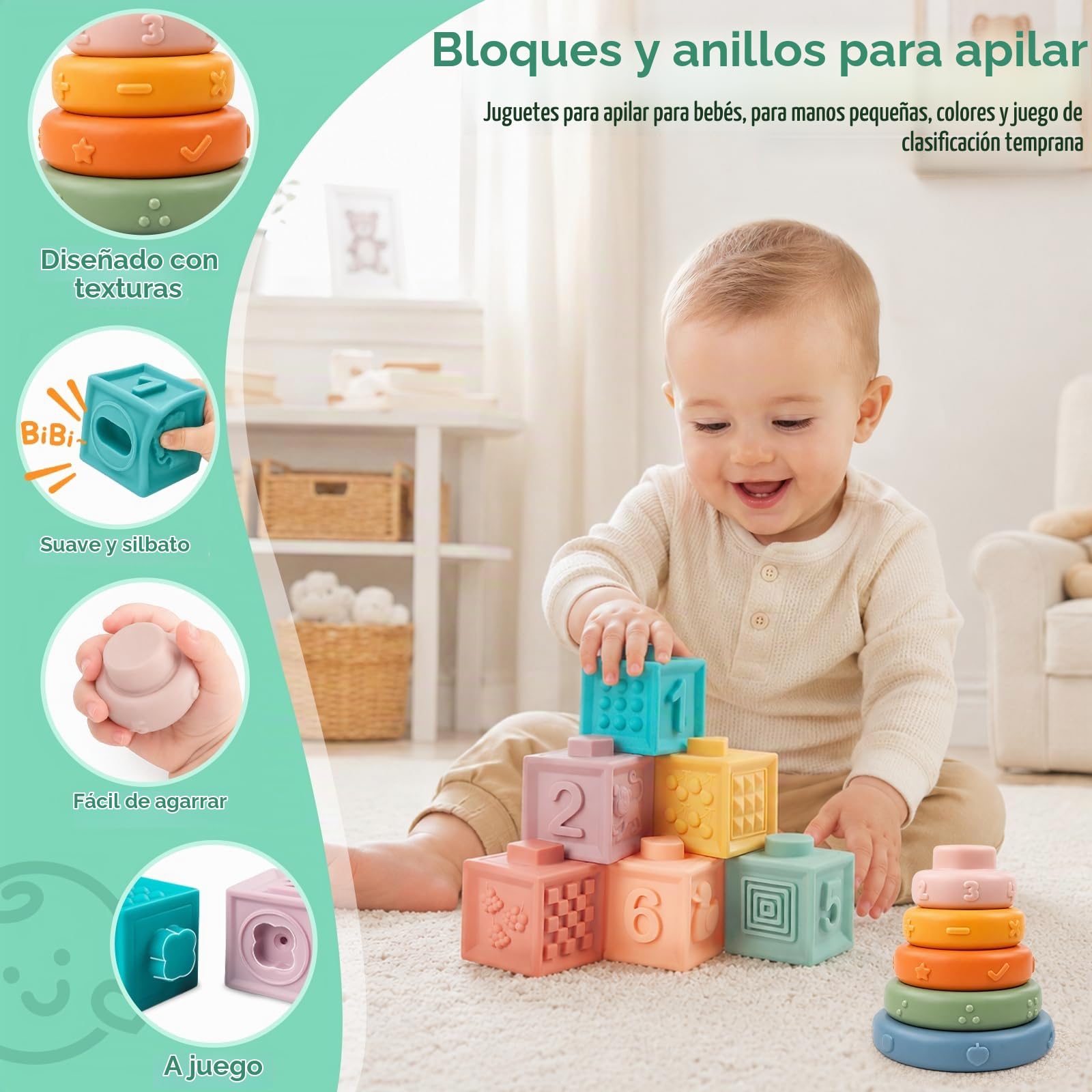 Weilim Juguetes Bebé 18 Meses, Montessori 6 en 1 Sensorial Mordedor